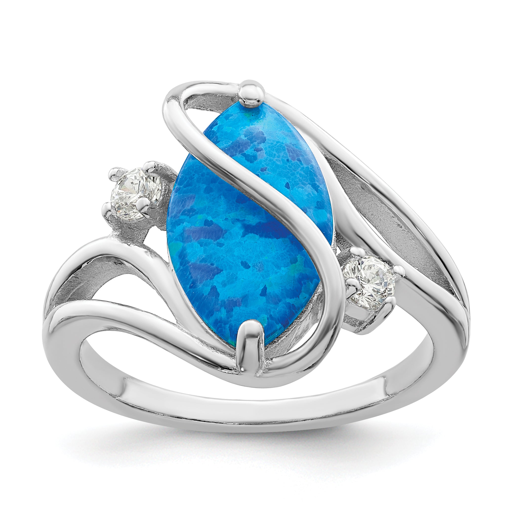 Sterling Silver Rhodium-plated Polished Blue Created Opal & CZ Twist Ring -  6