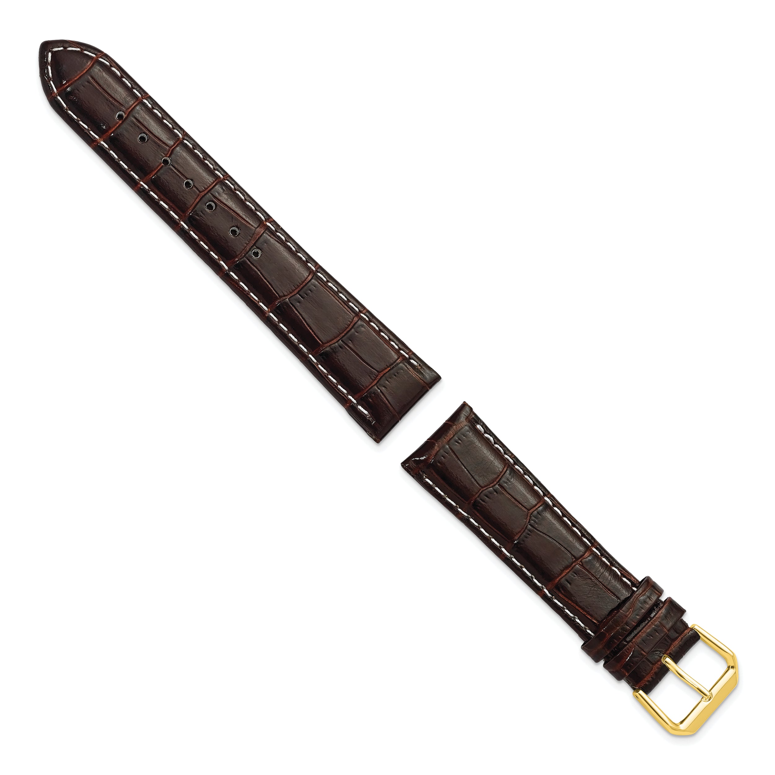 Sophia Jewelers 20mm Brown Crocodile Grain Leather with White Stitching and Gold-tone Buckle 7.5 inch Watch Band