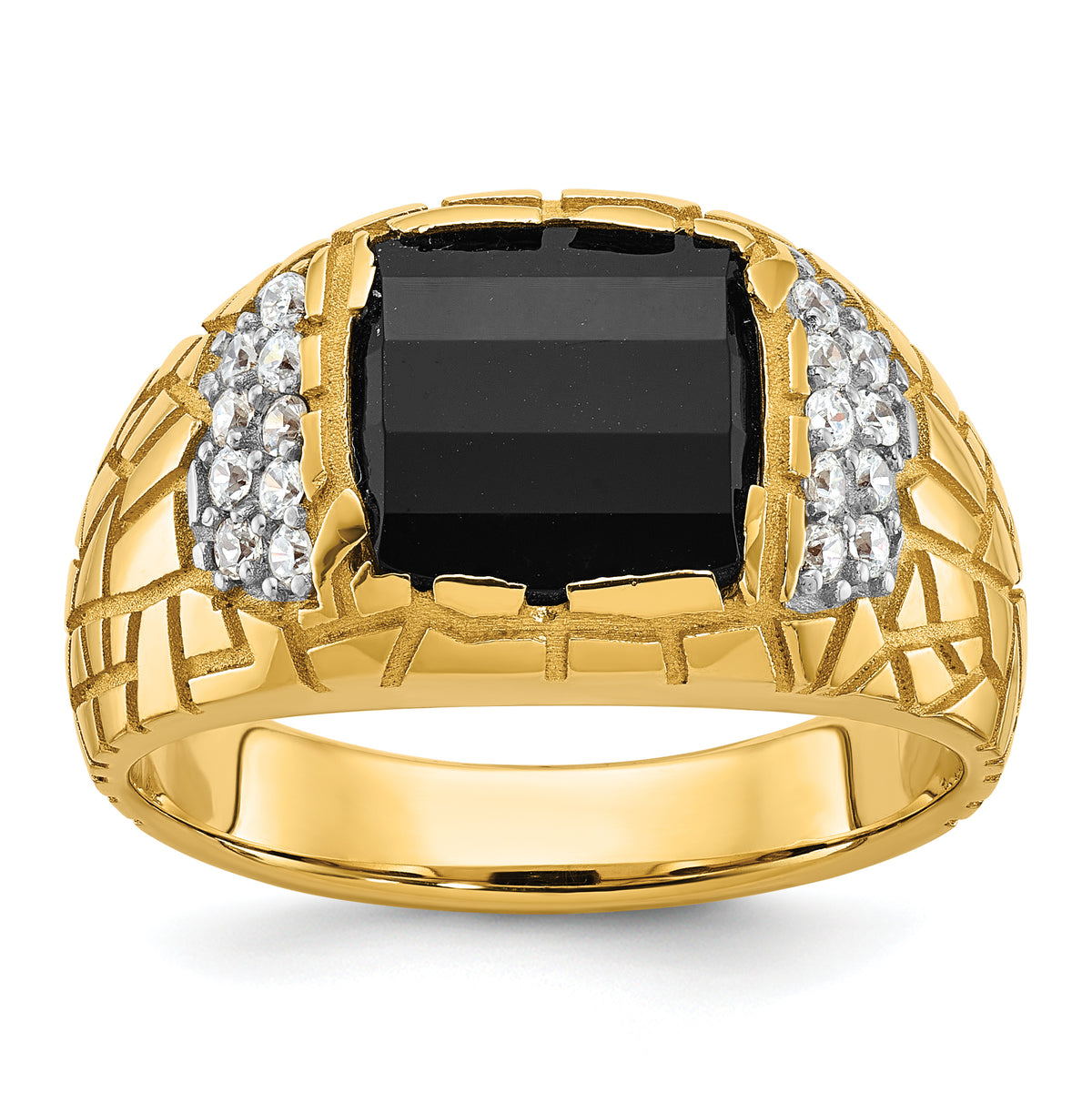 14k Men's Polished and Nugget Textured Onyx and 1/4 Carat Lab Grown Diamond Ring - Sophia Jewelers