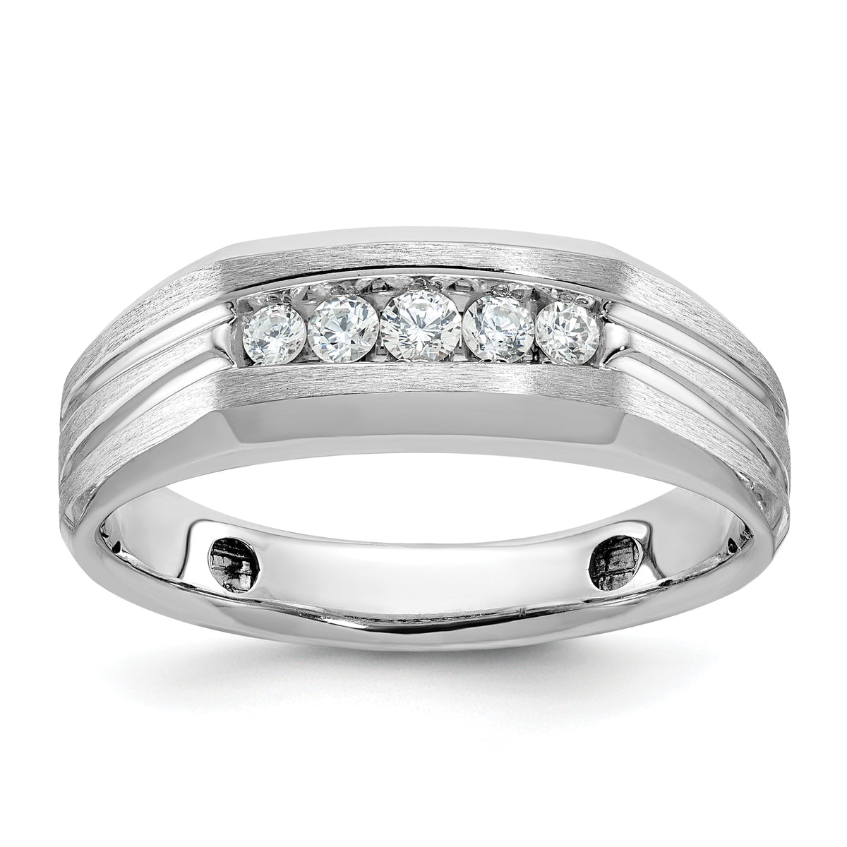 14k White Gold Men's Polished Satin and Grooved 5-Stone Ring Mounting - Sophia Jewelers