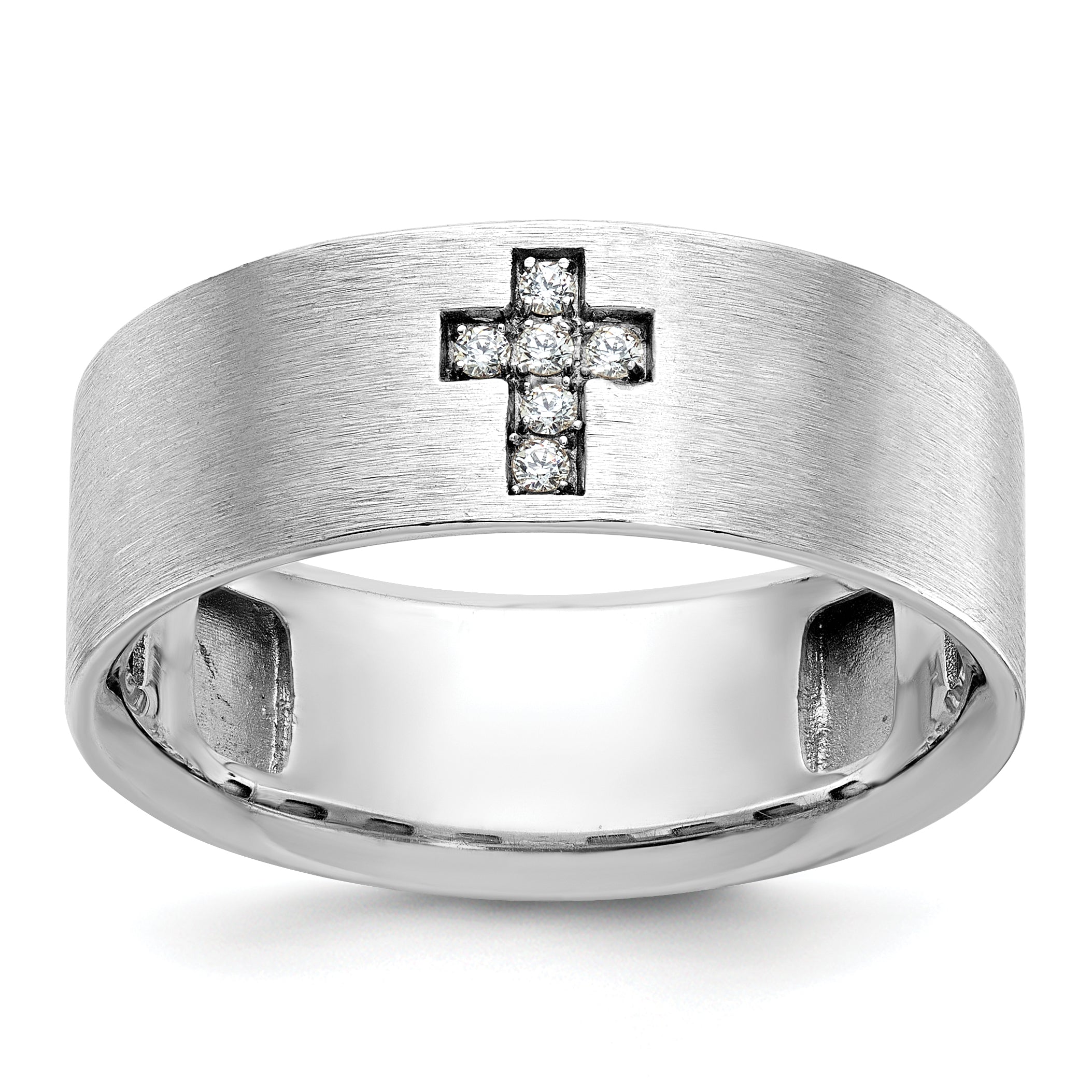 14k White Gold Men's Satin 1/20 Carat Lab Grown Diamond Cross Ring - Sophia Jewelers