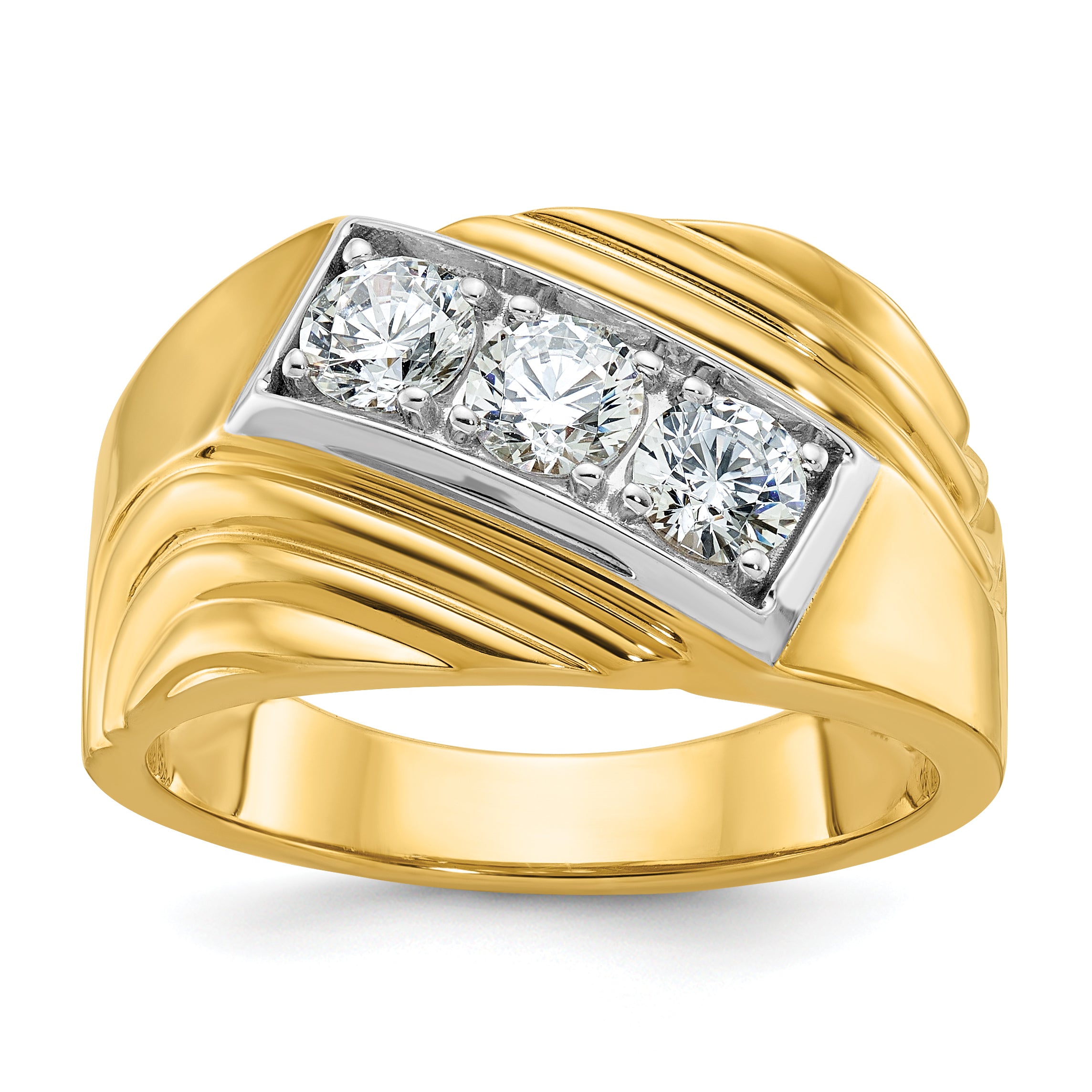 14k with White Rhodium Men's Polished and Grooved 3-Stone 1 Carat Lab Grown Diamond Ring - Sophia Jewelers