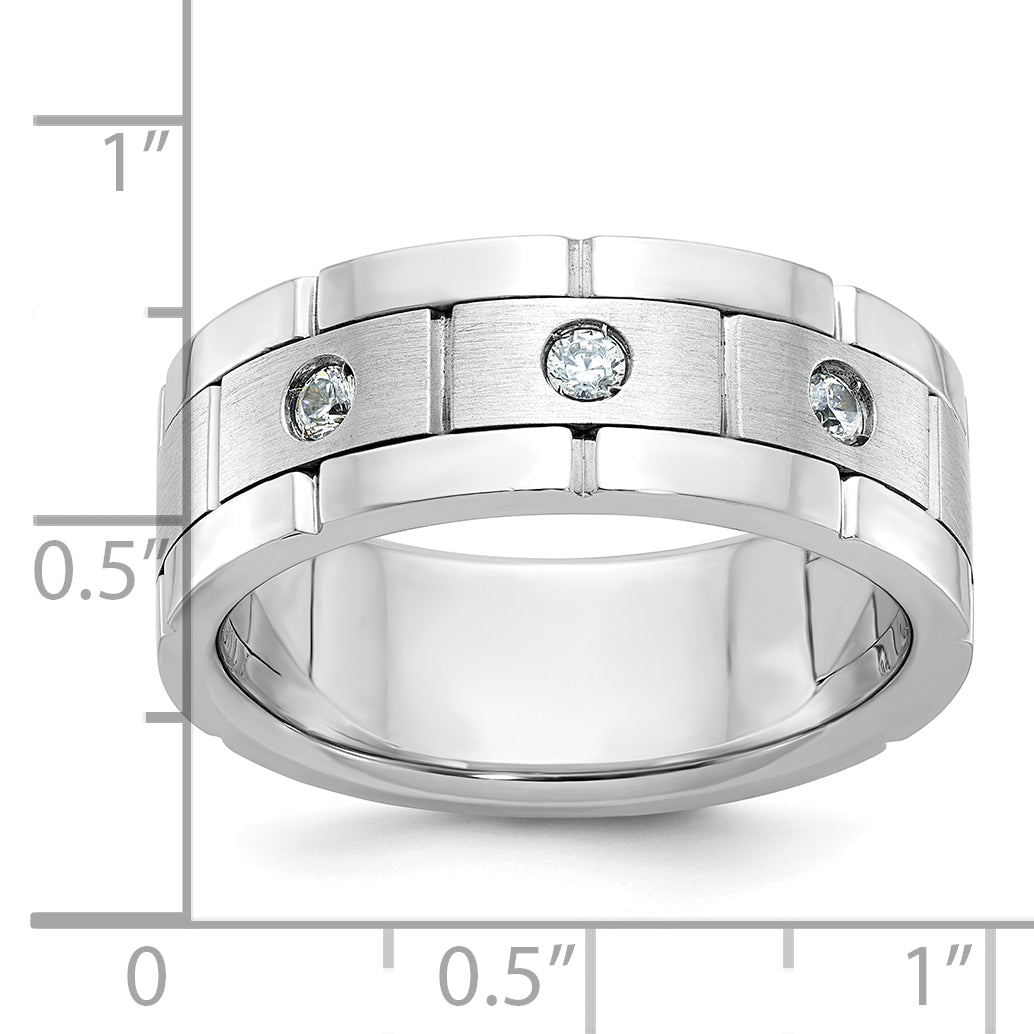 14k White Gold Men's Polished Satin and Grooved 3-Stone Ring Mounting - Sophia Jewelers