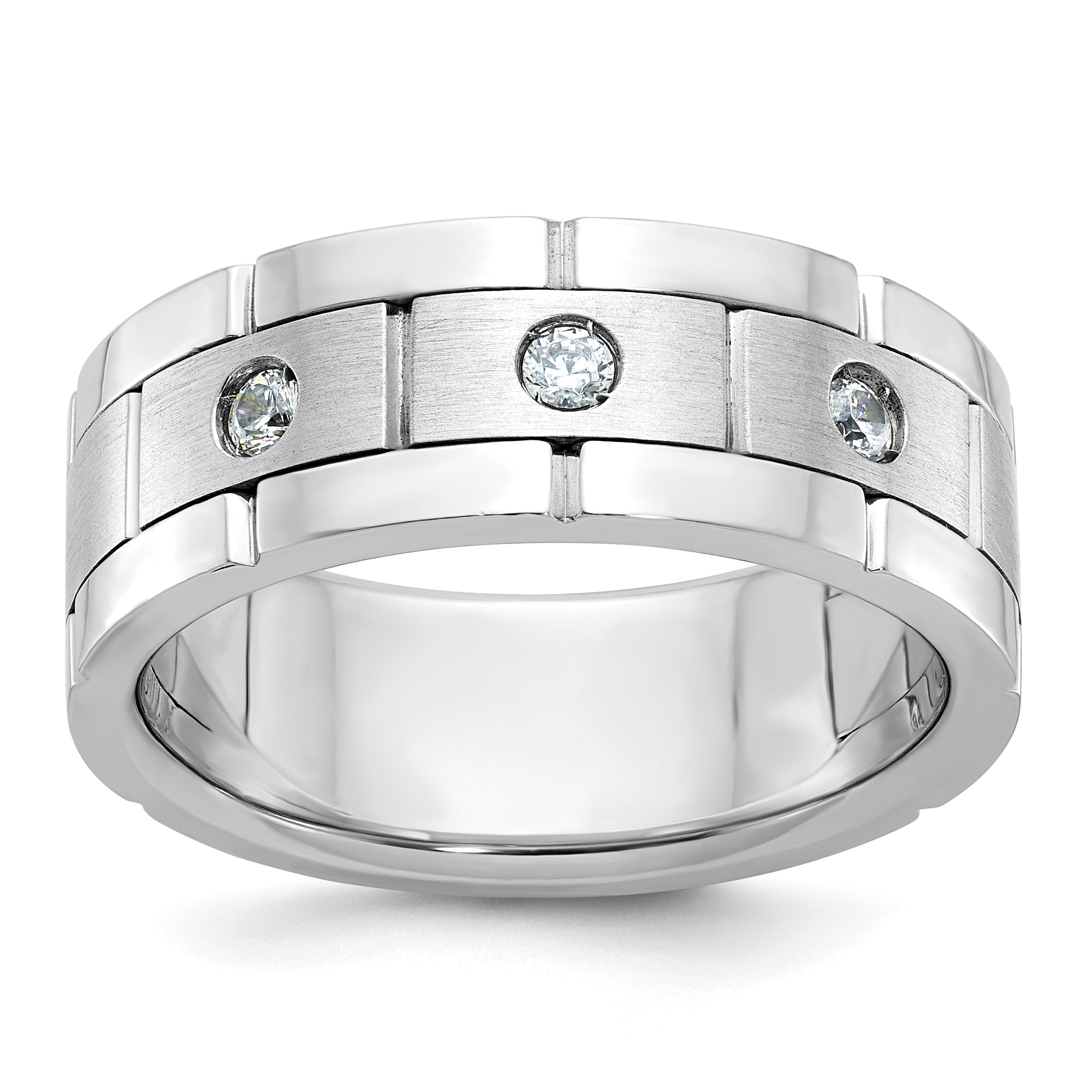 14k White Gold Men's Polished Satin and Grooved 3-Stone Ring Mounting - Sophia Jewelers