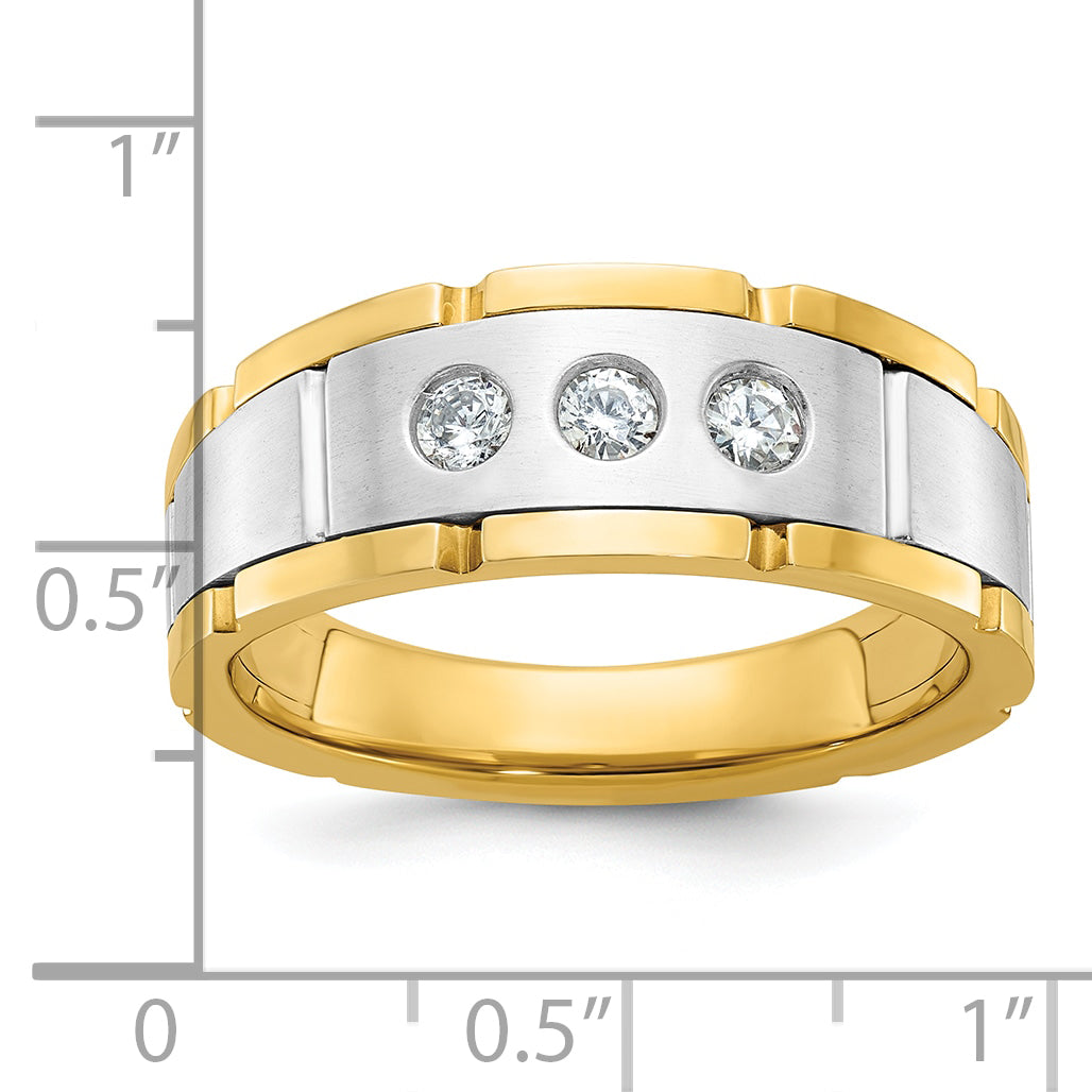 14k Two-tone Men's Polished Satin and Grooved 3-Stone Ring Mounting - Sophia Jewelers