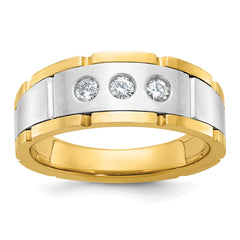 14k Two-tone Men's Polished Satin and Grooved 3-Stone Ring Mounting - Sophia Jewelers