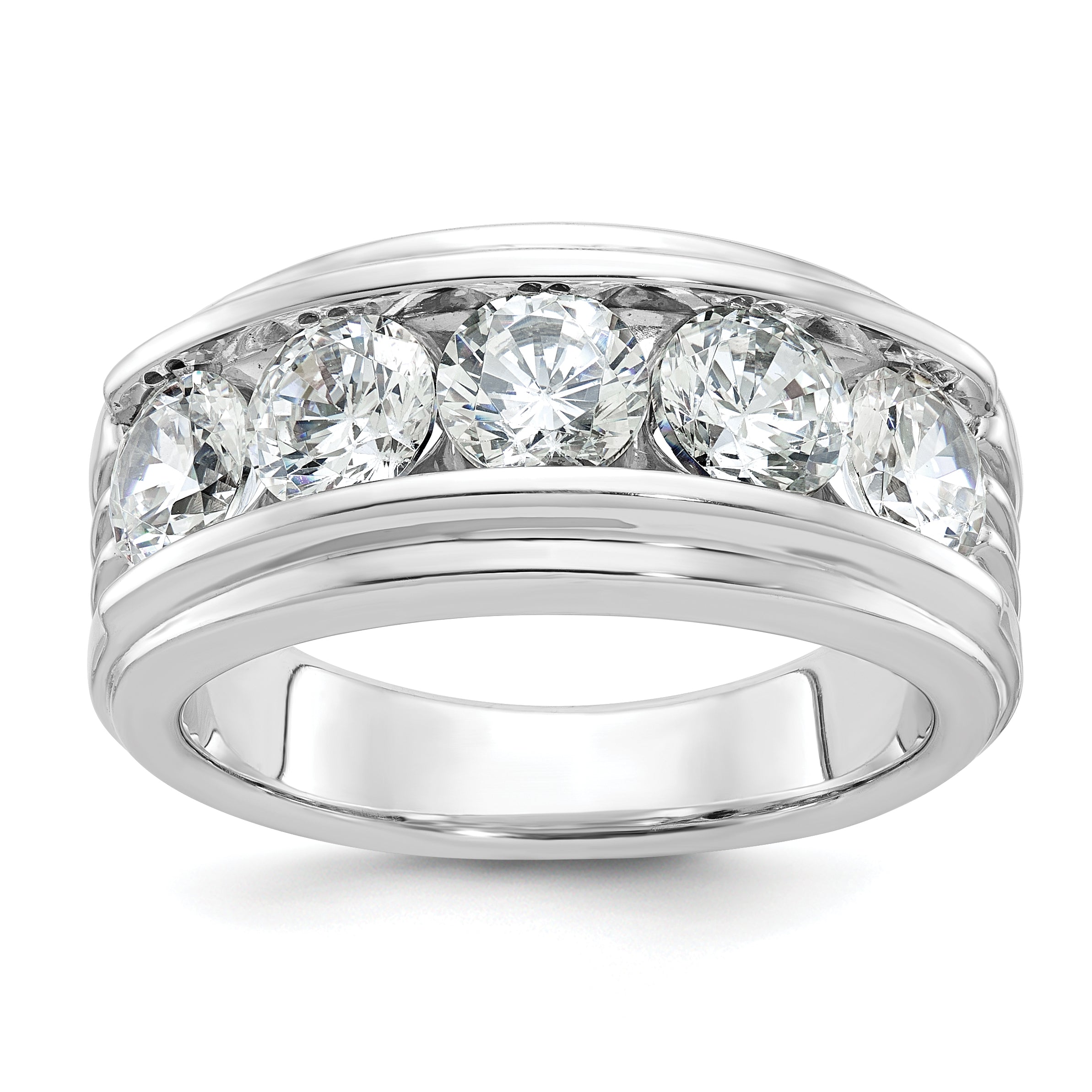 14k White Gold Men's Polished Brushed and Grooved 5-Stone Ring Mounting - Sophia Jewelers