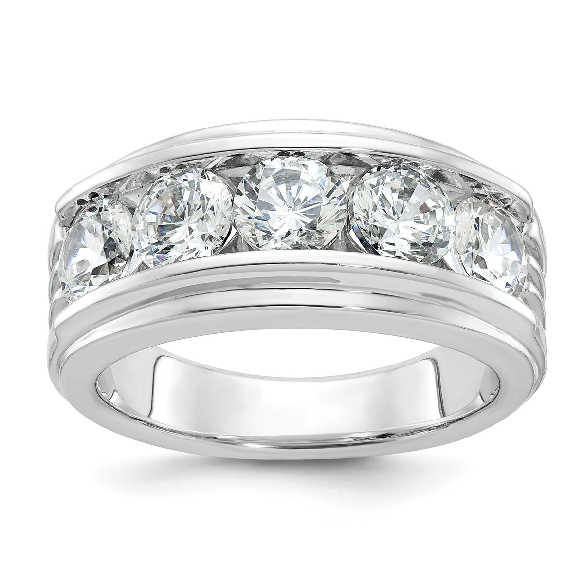 14k White Gold Men's Polished Brushed and Grooved 5-Stone Ring Mounting - Sophia Jewelers