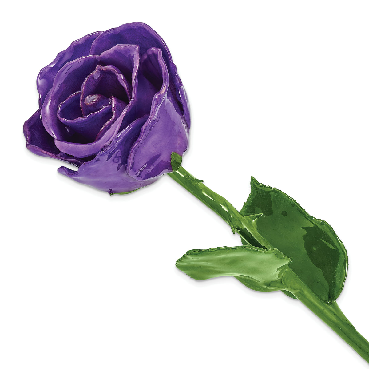 Lilac Lacquer Dipped Natural Rose with Green Leaves and Stem - Sophia Jewelers