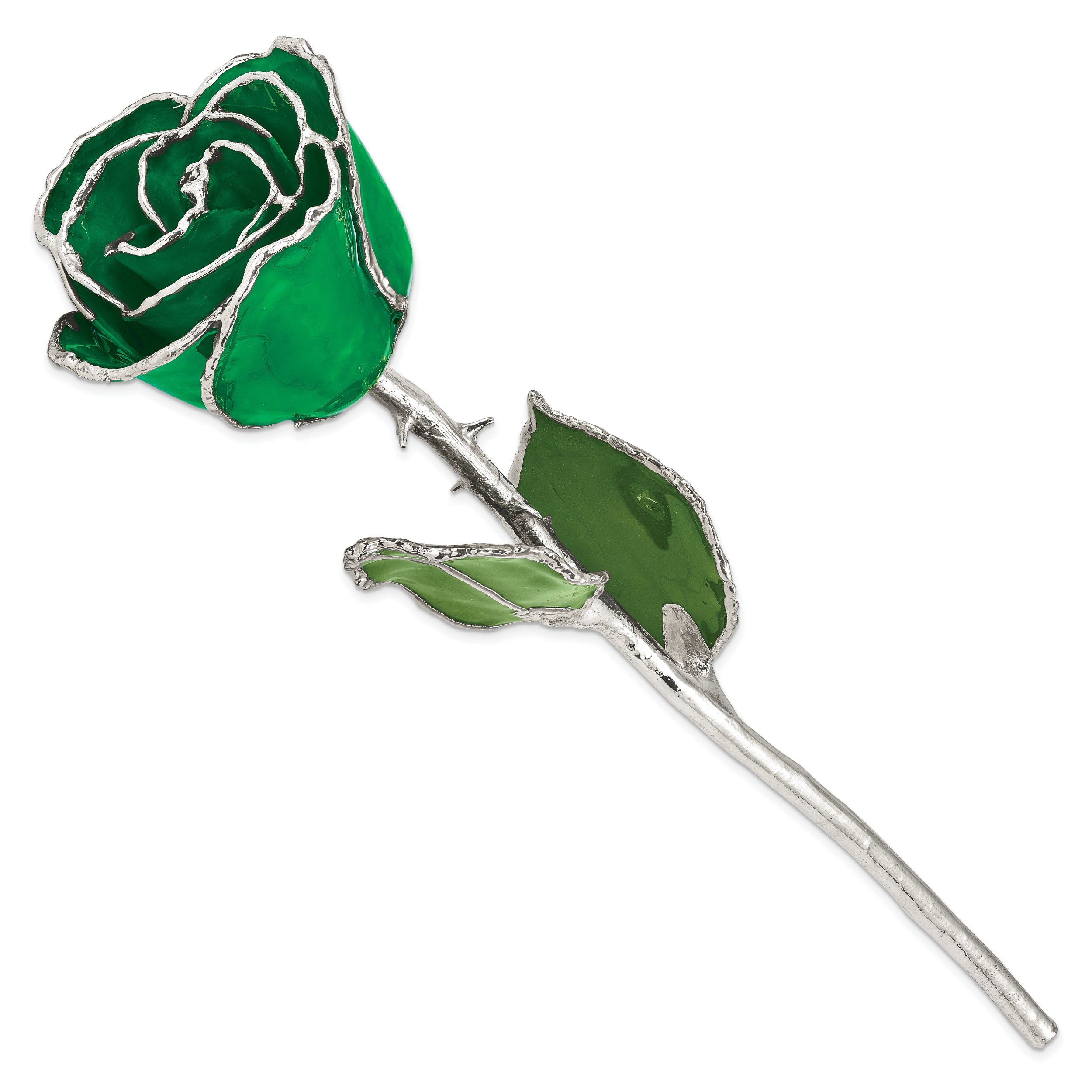 Green Lacquer Dipped Silver Trimmed Real Rose - Sophia Jewelers