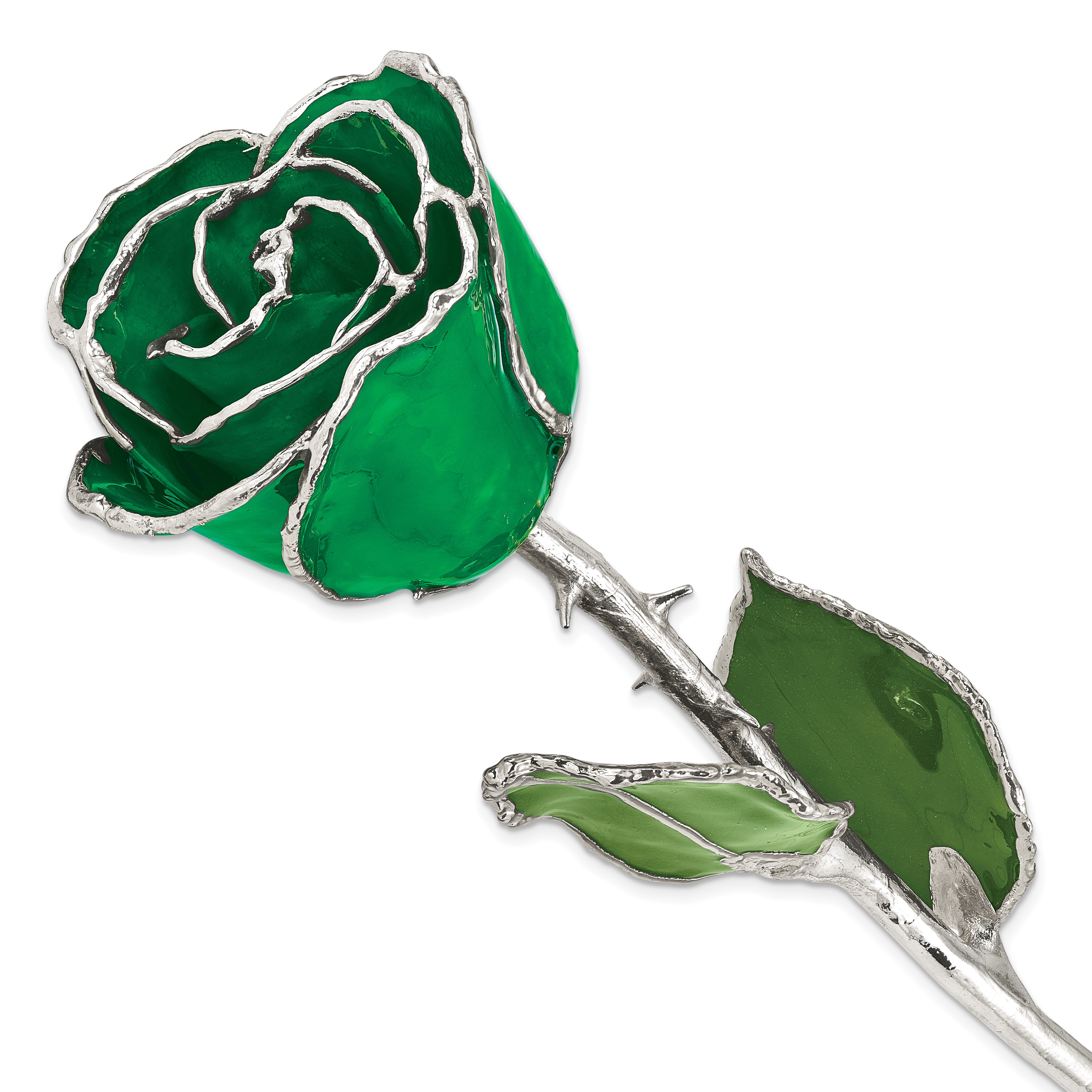 Green Lacquer Dipped Silver Trimmed Real Rose - Sophia Jewelers