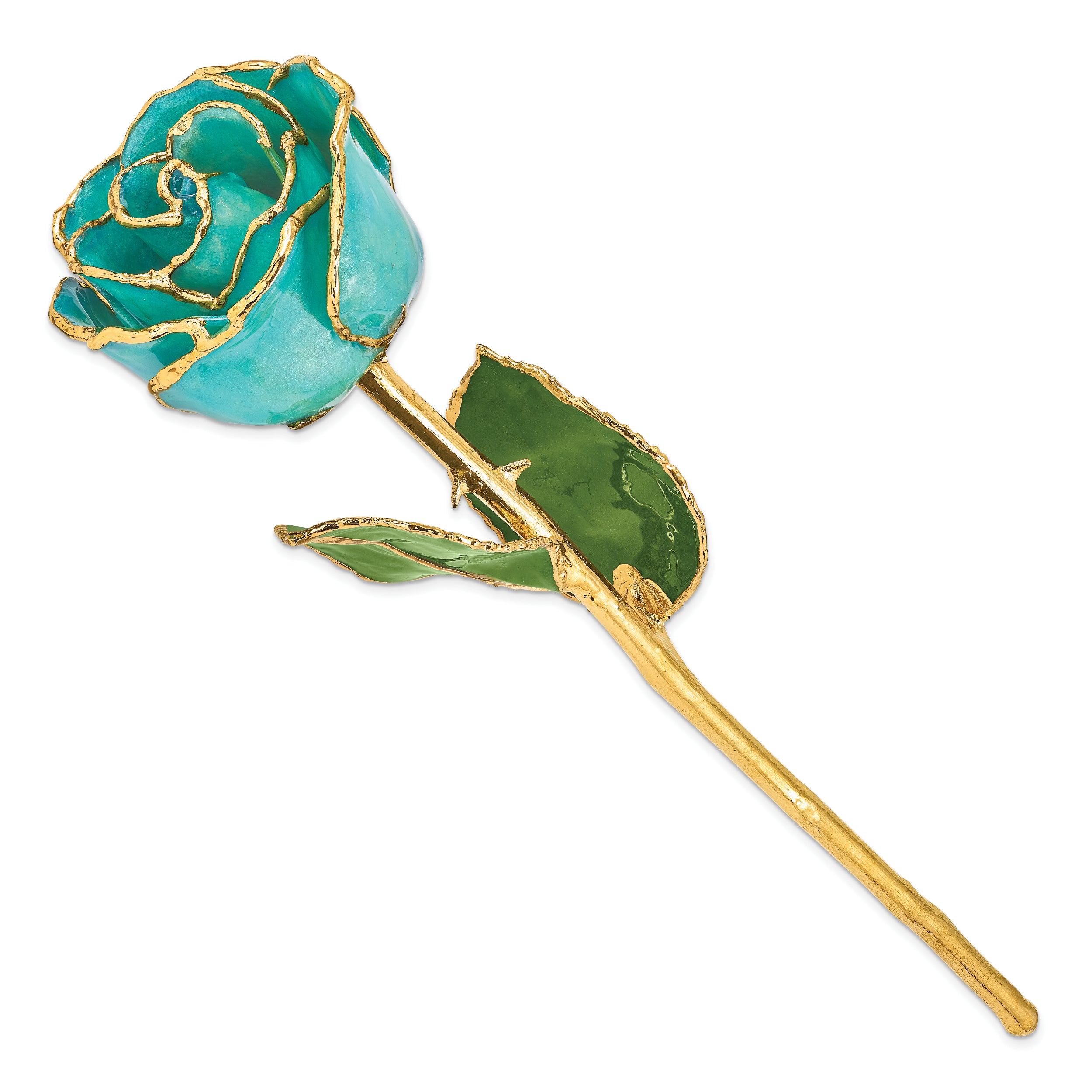 Lacquer Dipped Gold Trimmed Aqua Green Opalescent Real Rose - Sophia Jewelers