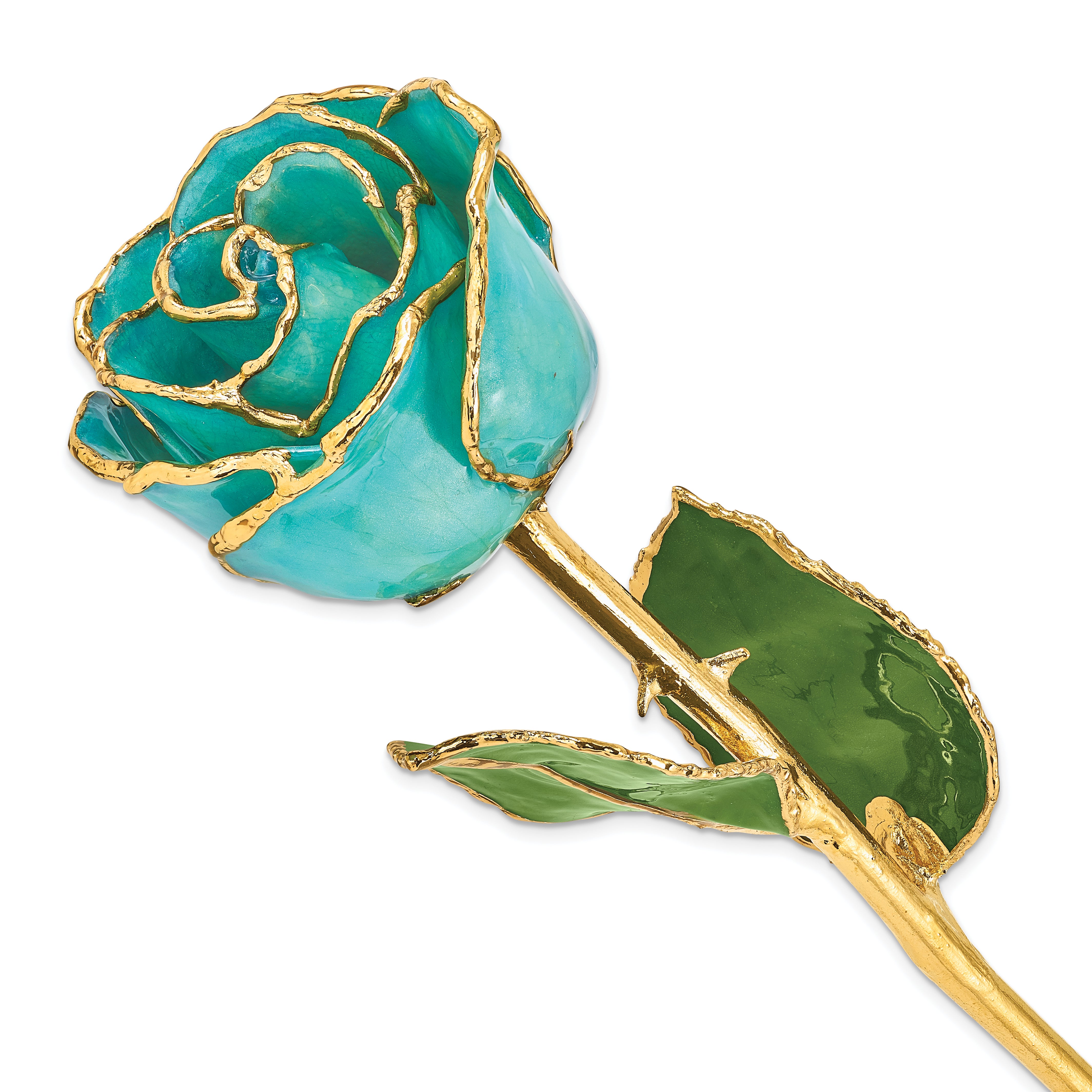 Lacquer Dipped Gold Trimmed Aqua Green Opalescent Real Rose - Sophia Jewelers