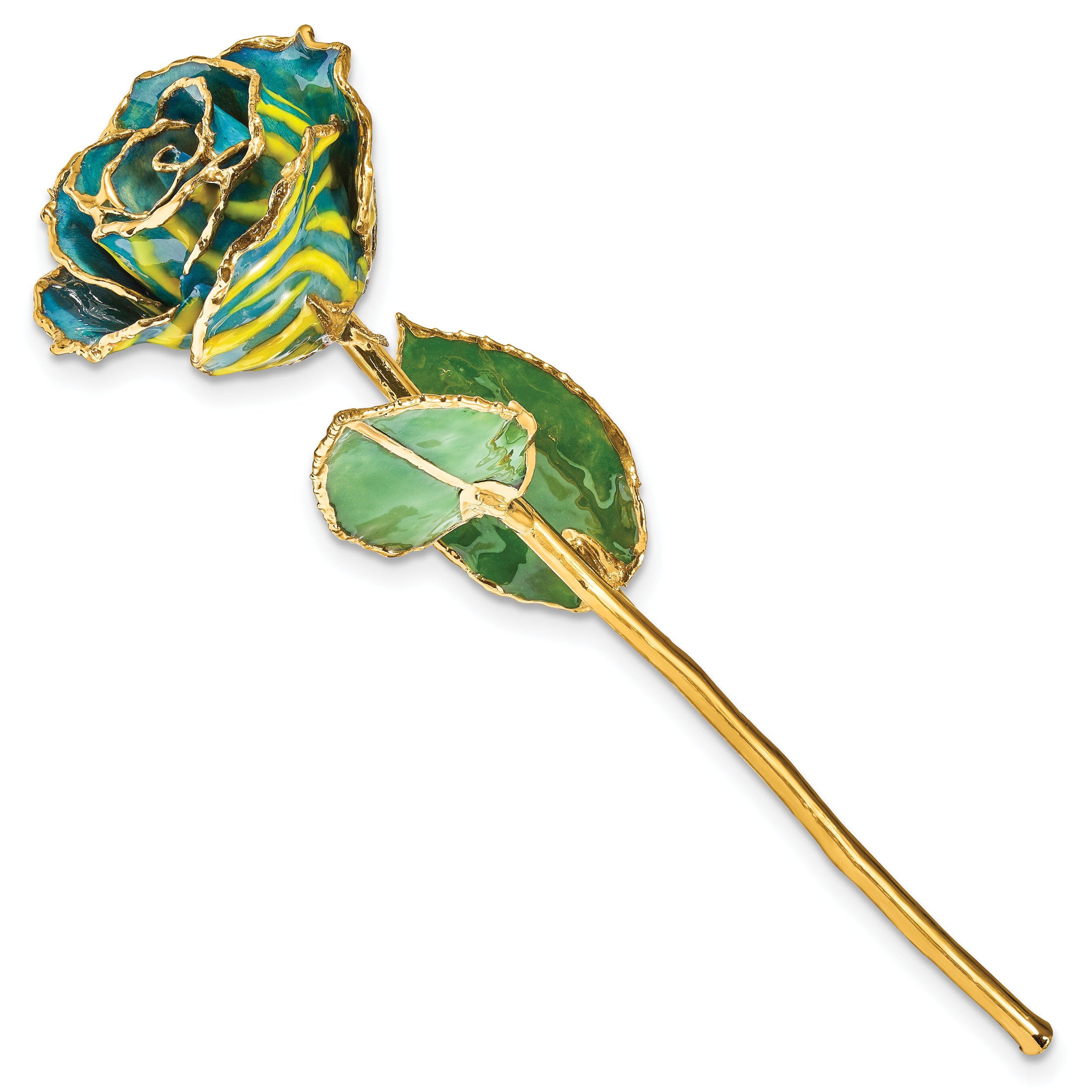 Lacquer Dipped Gold Trimmed Yellow and Blue Zebra Real Rose - Sophia Jewelers