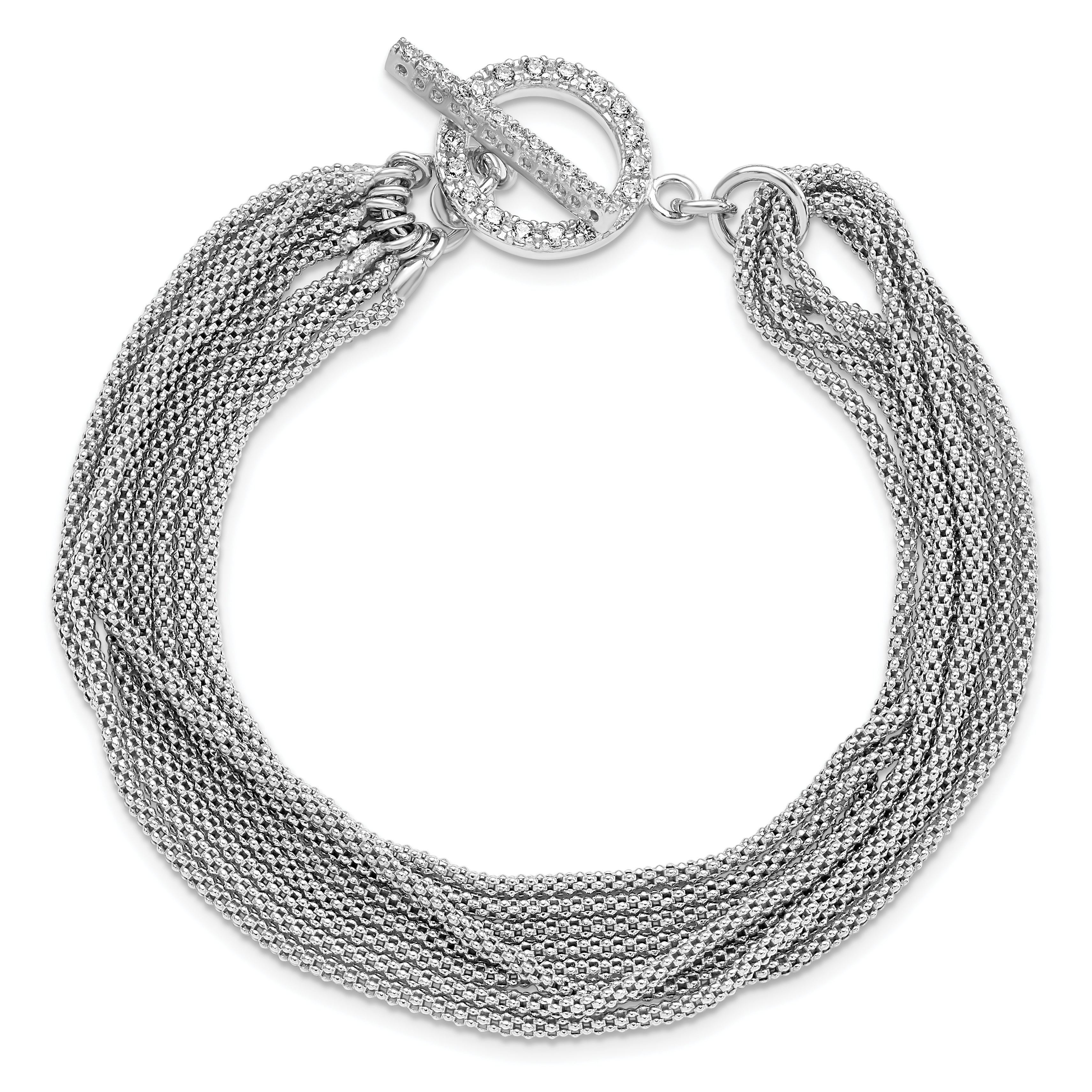 Sterling Silver Rhodium-Plated Multi-Strand CZ Toggle Bracelet 8-Inch Polished Elegance