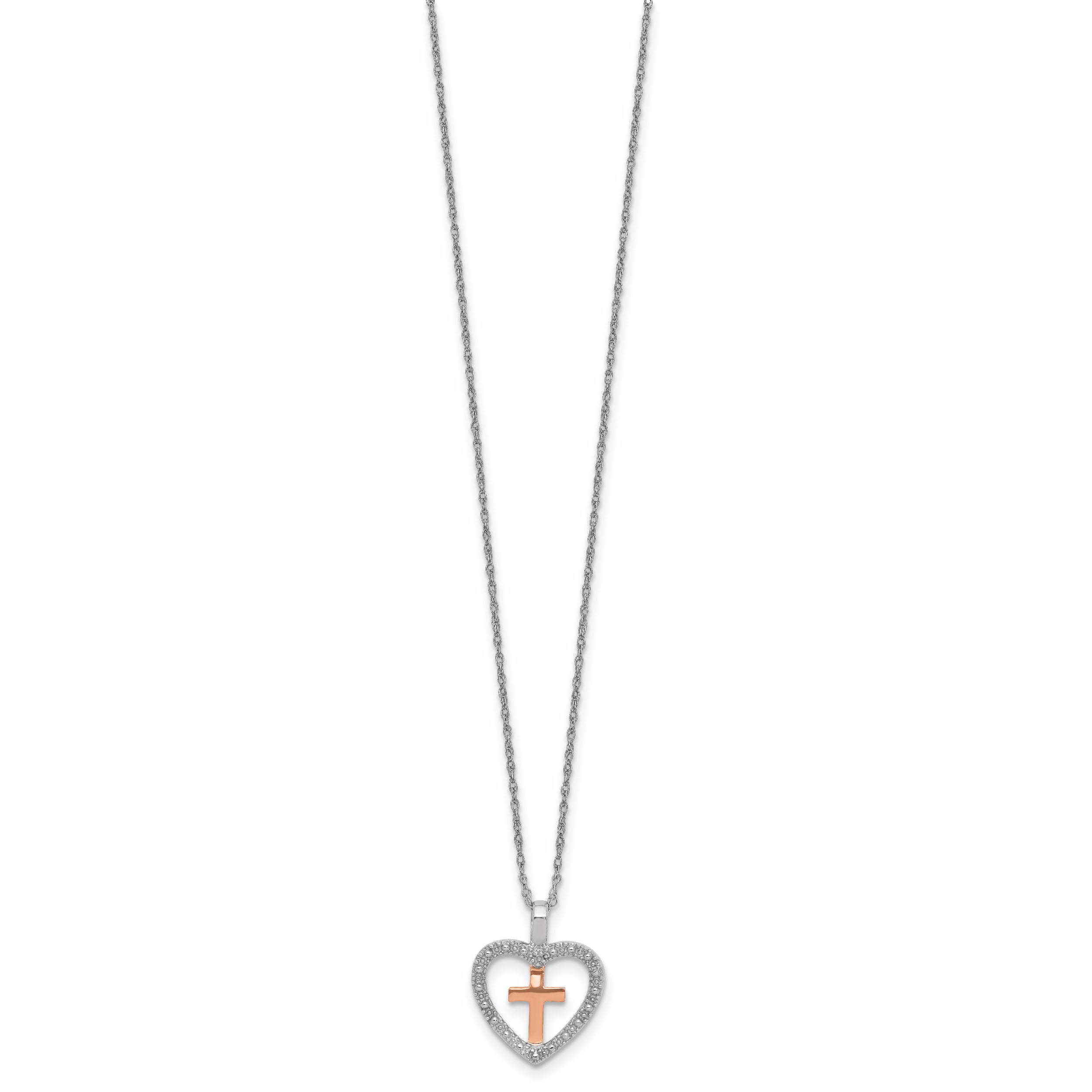 Sterling Silver 925 Cross in Heart Diamond Pendant Necklace Elegant Two-Tone Design