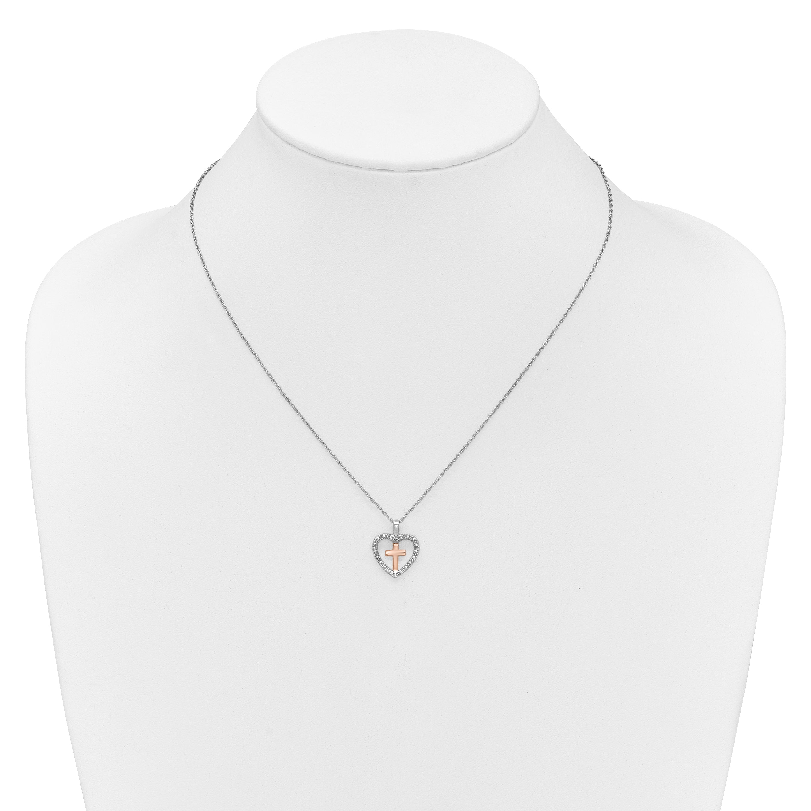 Sterling Silver 925 Cross in Heart Diamond Pendant Necklace Elegant Two-Tone Design