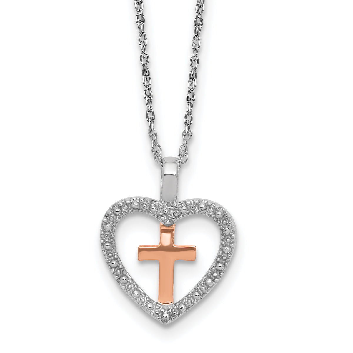 Sterling Silver 925 Cross in Heart Diamond Pendant Necklace Elegant Two-Tone Design