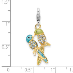 Sterling Silver 925 Love Birds Charm with Enamel and Crystal Accent