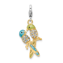 Sterling Silver 925 Love Birds Charm with Enamel and Crystal Accent