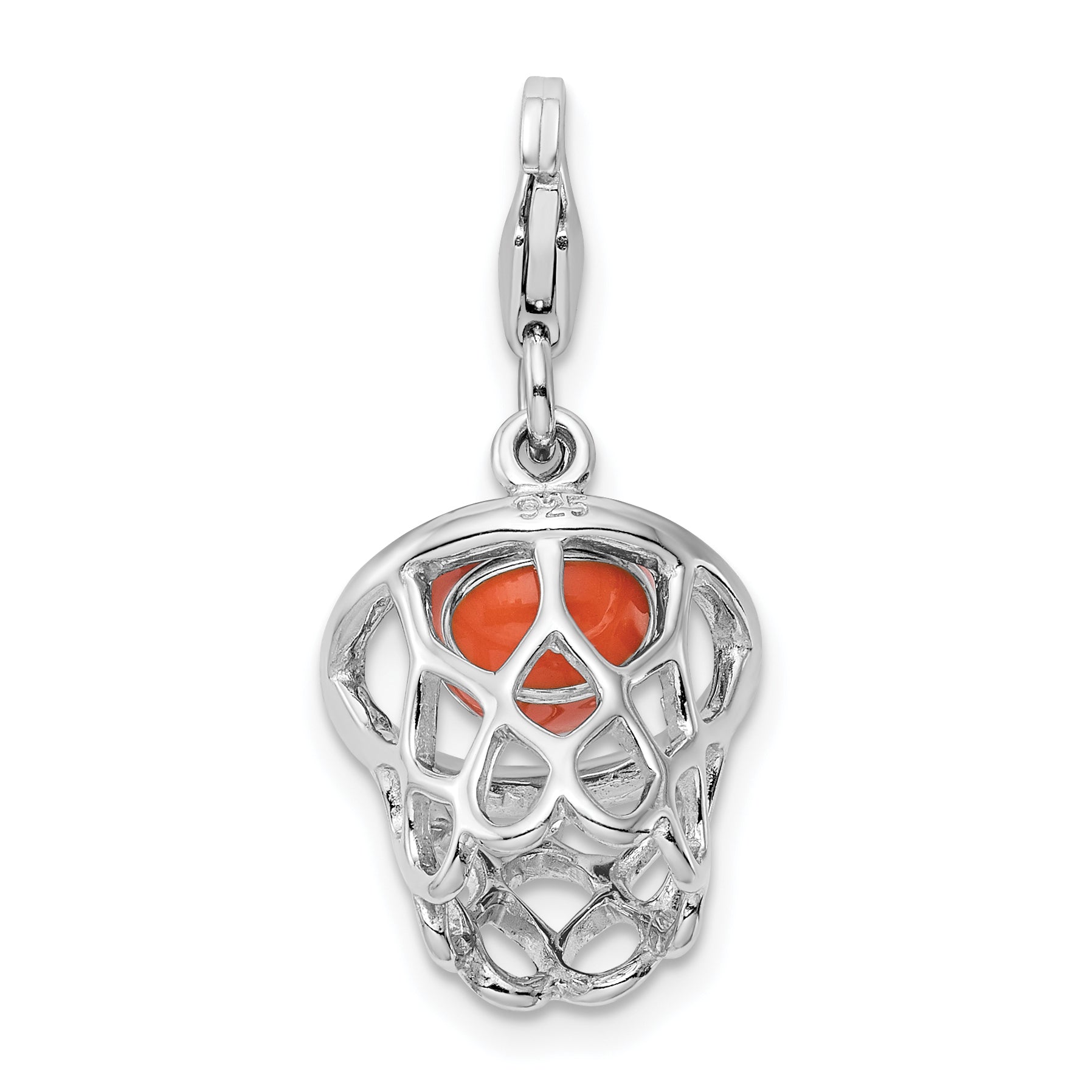 Sterling Silver 925 Enameled Basketball Charm with Lobster Clasp