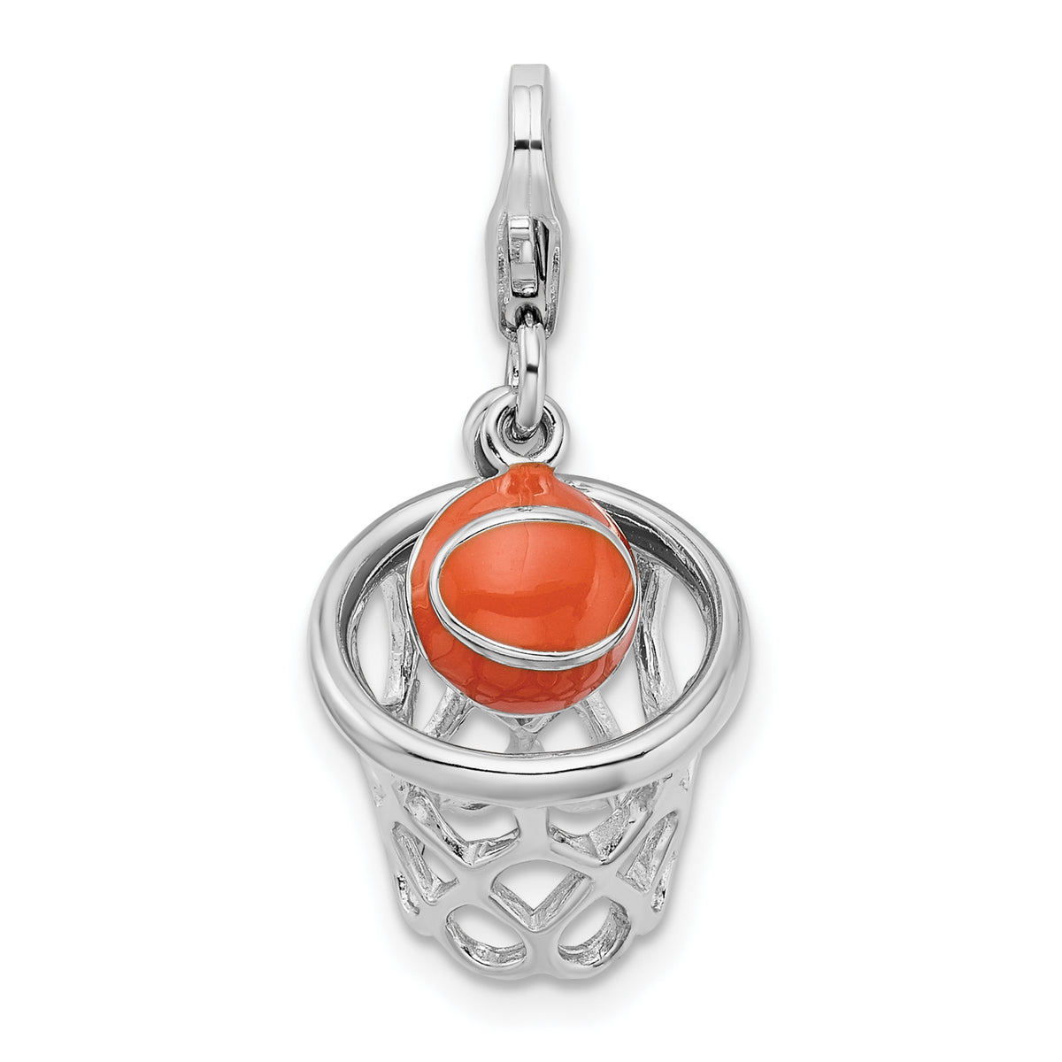 Sterling Silver 925 Enameled Basketball Charm with Lobster Clasp