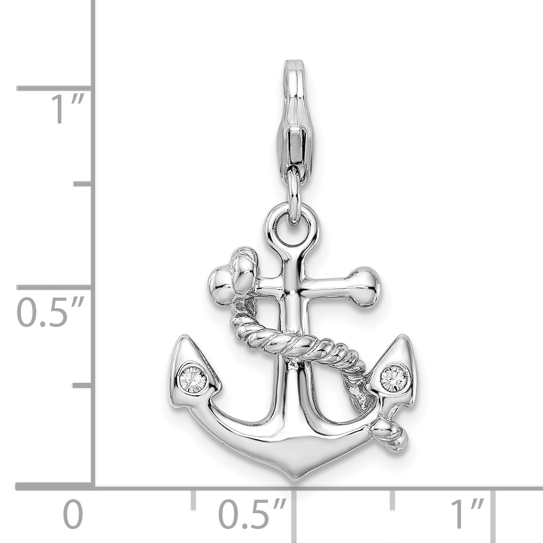 Sterling Silver 925 Polished CZ Anchor Charm with Lobster Clasp