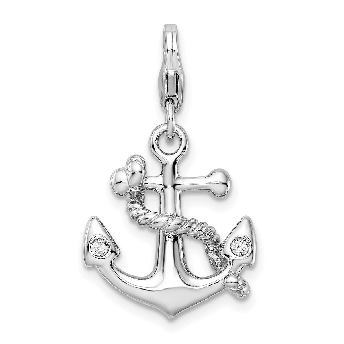 Sterling Silver 925 Polished CZ Anchor Charm with Lobster Clasp