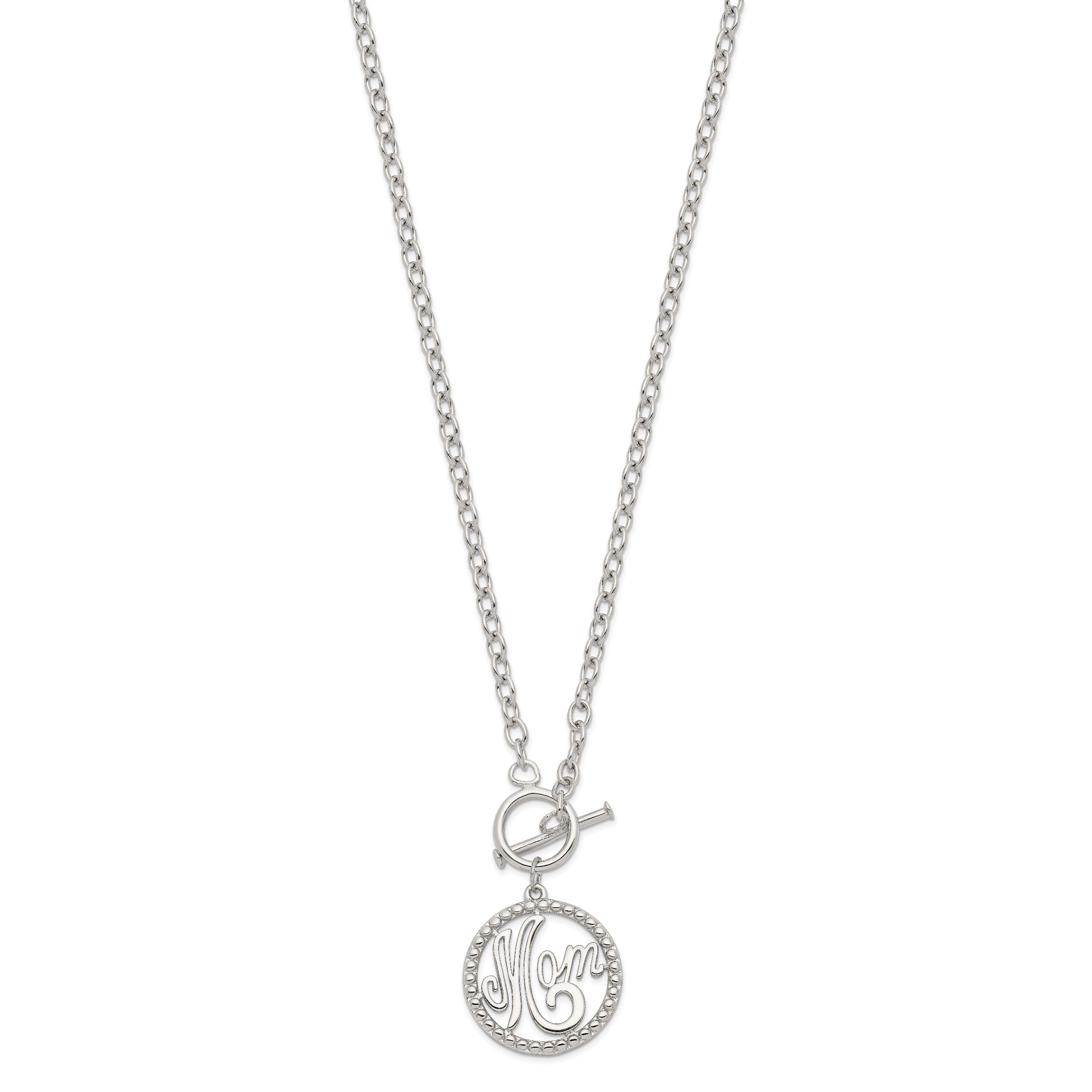 Sterling Silver 925 Polished Mom Necklace with Rhodium-Plated Finish