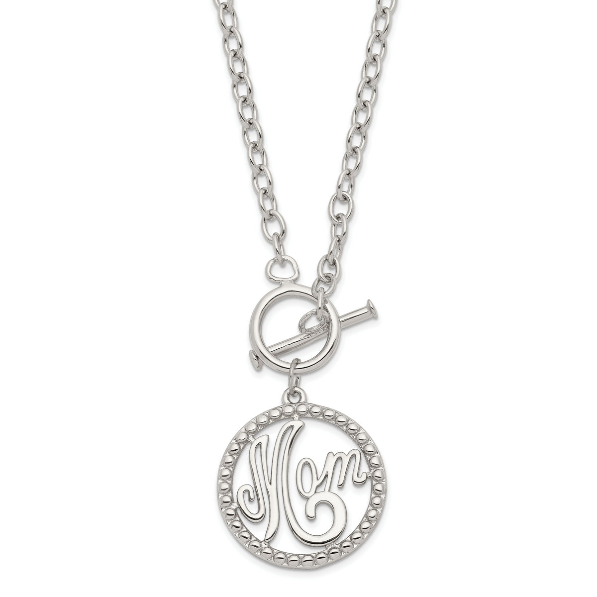 Sterling Silver 925 Polished Mom Necklace with Rhodium-Plated Finish