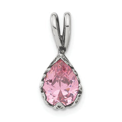 Sterling Silver 925 Pink CZ Teardrop Pendant with Polished Antiqued Finish