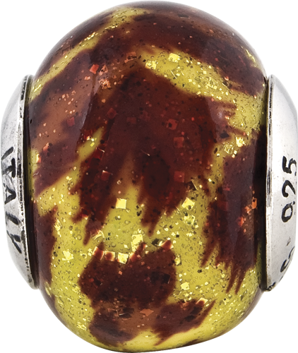 Sterling Silver 925 Antiqued Glass Bead with Yellow & Brown Glitter Overlay