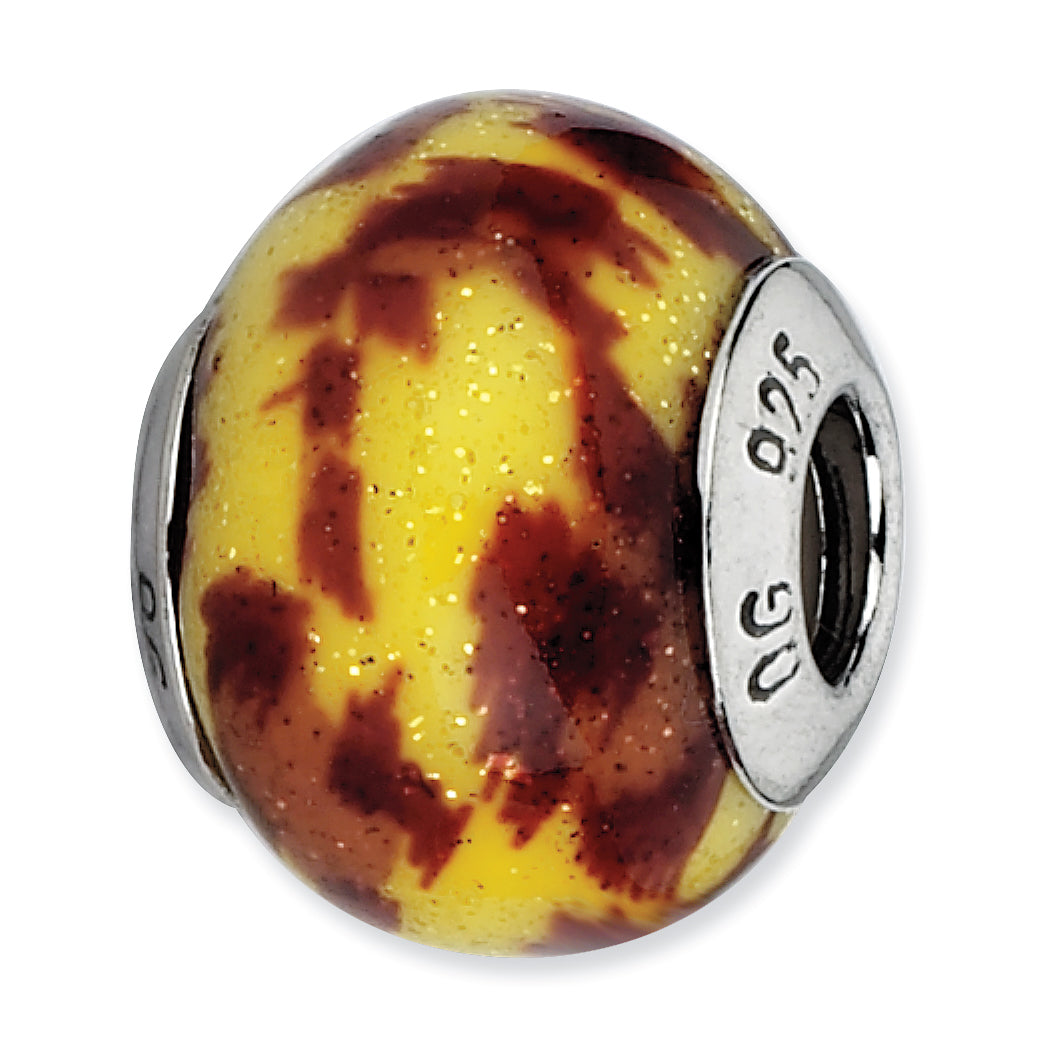 Sterling Silver 925 Antiqued Glass Bead with Yellow & Brown Glitter Overlay