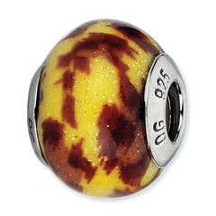 Sterling Silver 925 Antiqued Glass Bead with Yellow & Brown Glitter Overlay