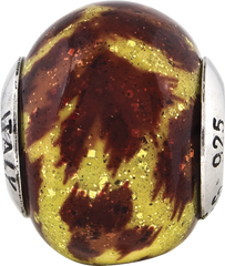 Sterling Silver 925 Antiqued Glass Bead with Yellow & Brown Glitter Overlay