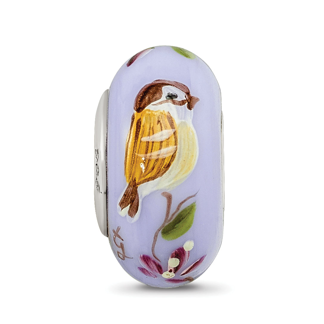 Sterling Silver Hand-Painted Sparrow Glass Bead Elegant White Fenton Design