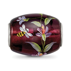 Sterling Silver Hand Painted Glass Bead with Purple Magnolia Design