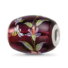 Sterling Silver Hand Painted Glass Bead with Purple Magnolia Design