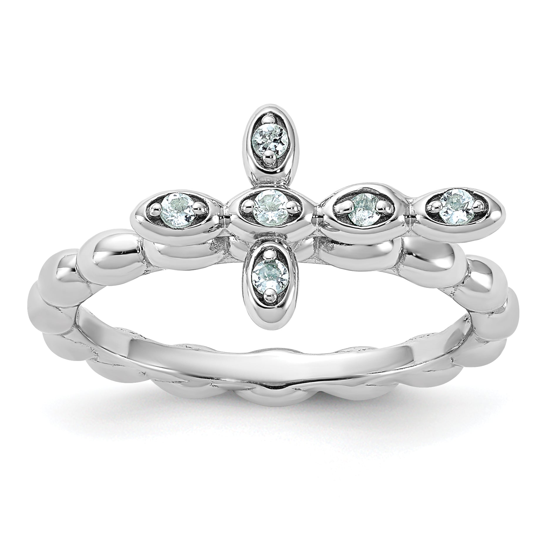 Sterling Silver Stackable Expressions Rhodium-plated Aquamarine Cross Ring - Sophia Jewelers