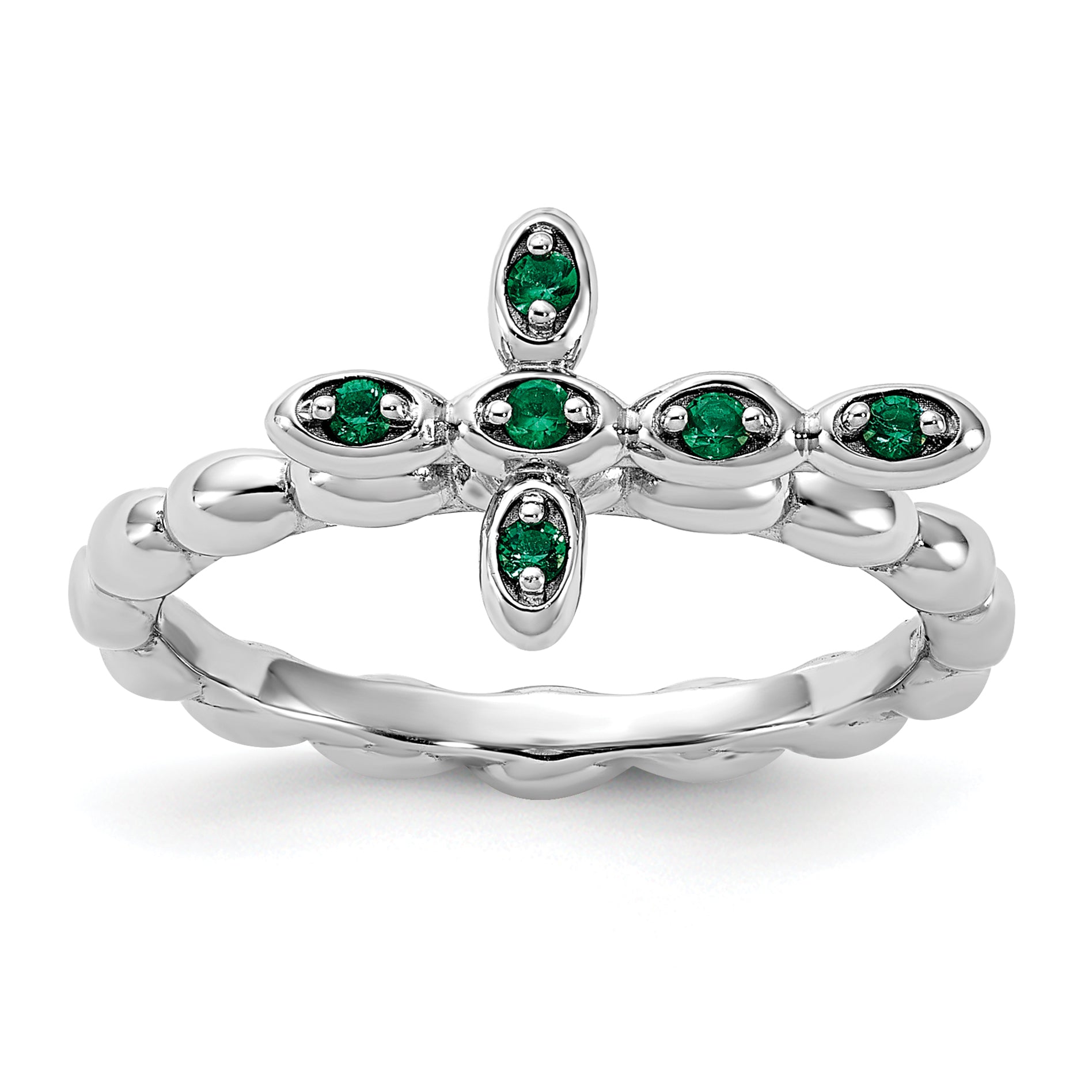 Sterling Silver Stackable Expressions Rhodium-plated Created Emerald Cross Ring - Sophia Jewelers