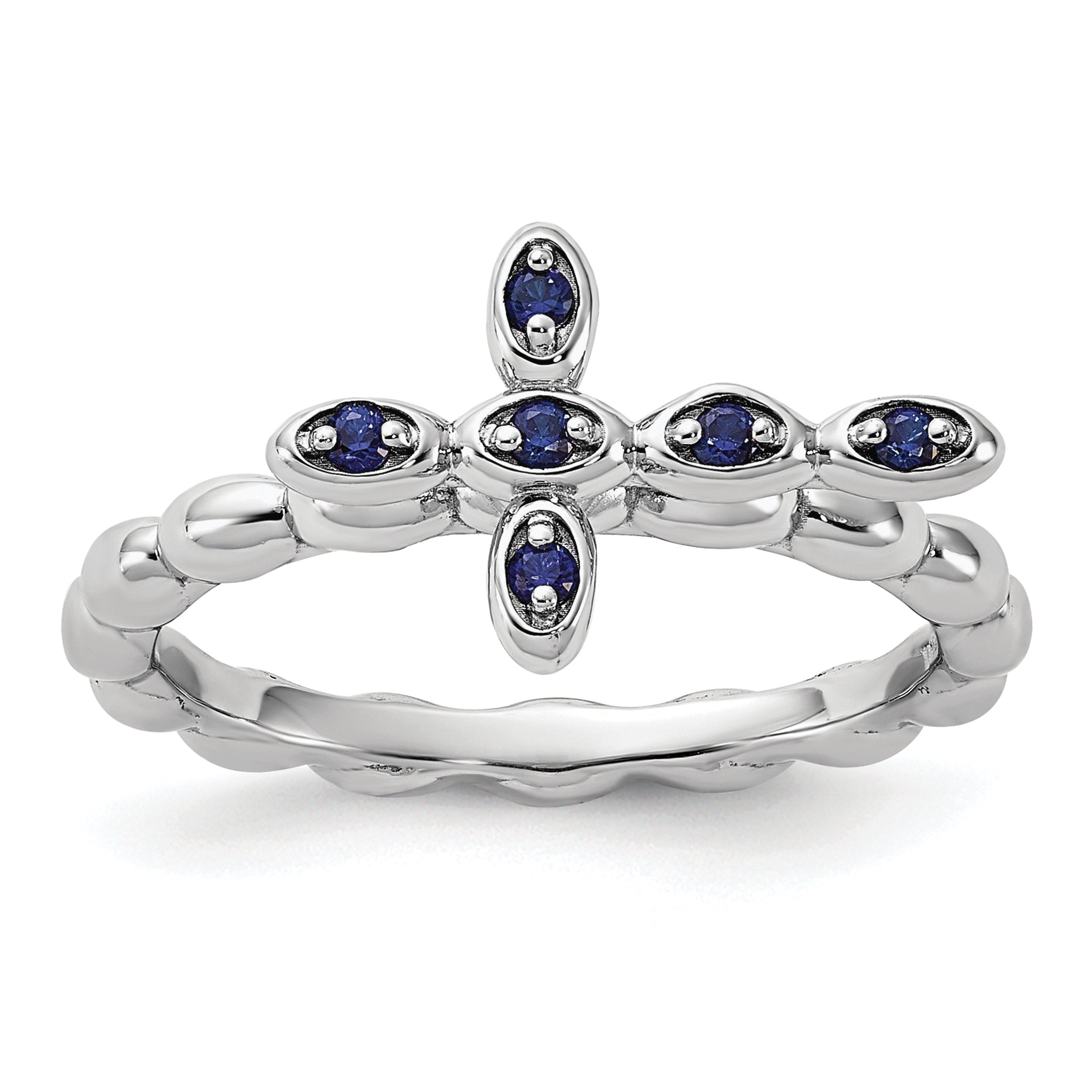 Sterling Silver Stackable Expressions Rhodium-plated Created Sapphire Cross Ring - Sophia Jewelers