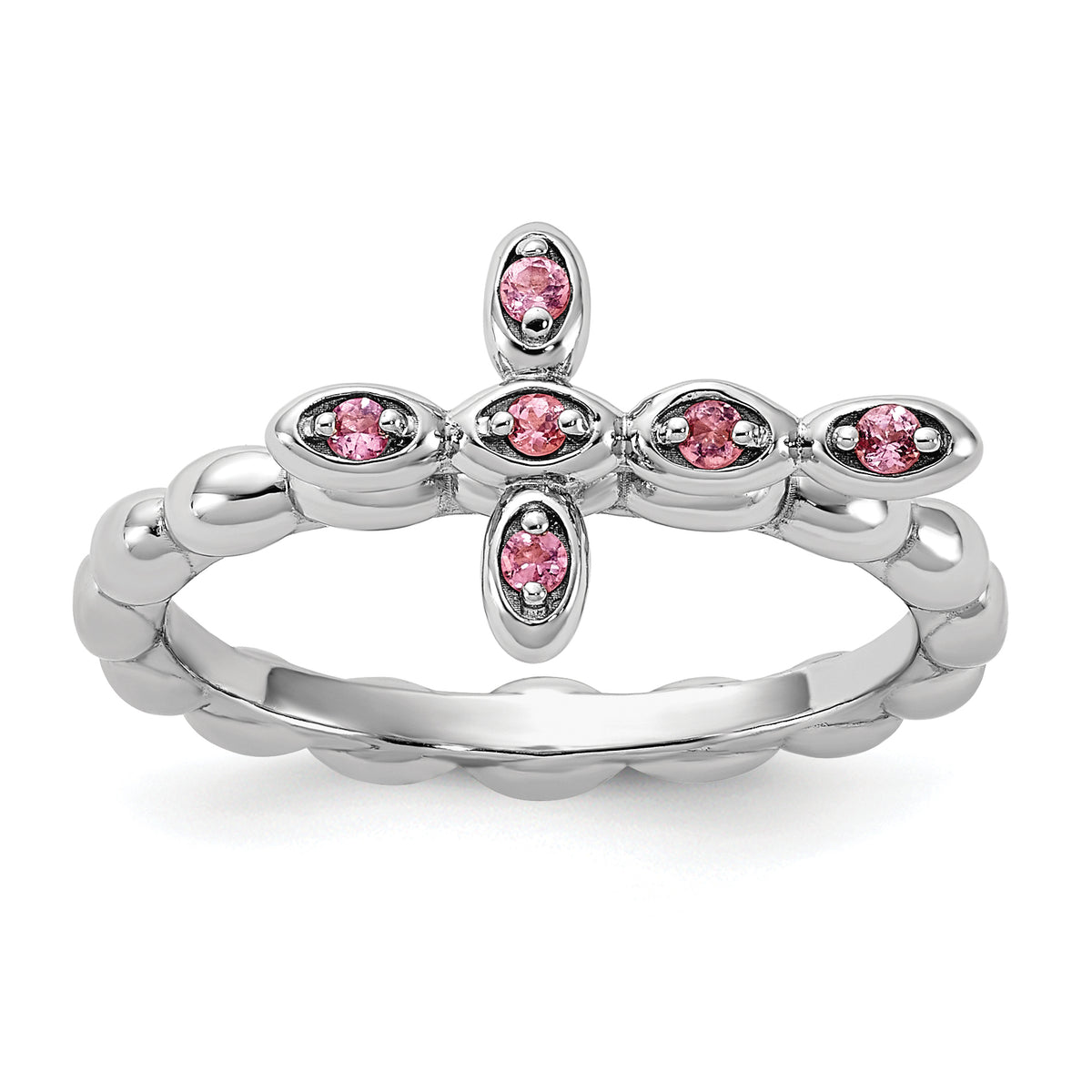 Sterling Silver Stackable Expressions Rhodium-plated Pink Tourmaline Cross Ring - Sophia Jewelers