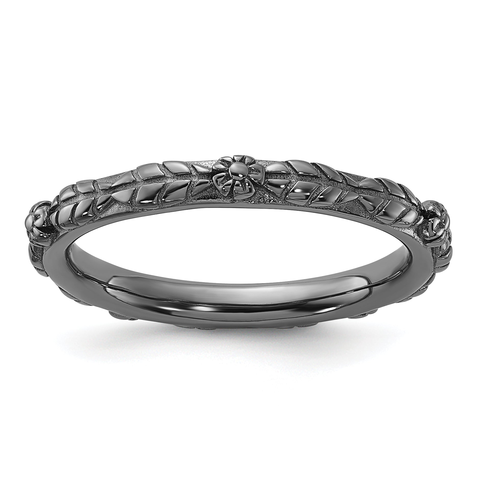 Sterling Silver Stackable Expressions Black Rhodium Textured Flowers Ring - Sophia Jewelers