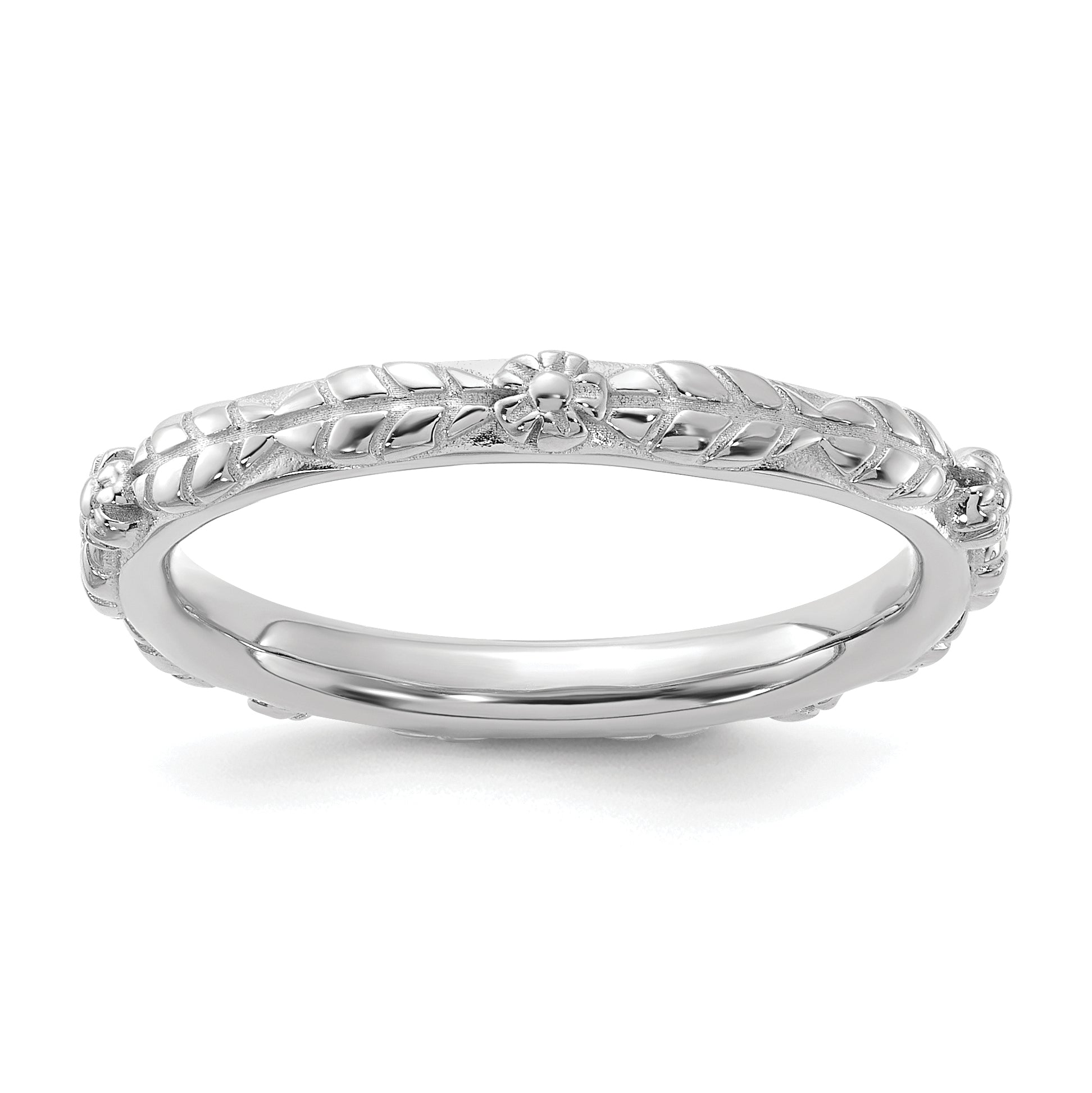 Sterling Silver Stackable Expressions Rhodium-plated Textured Flowers Ring - Sophia Jewelers