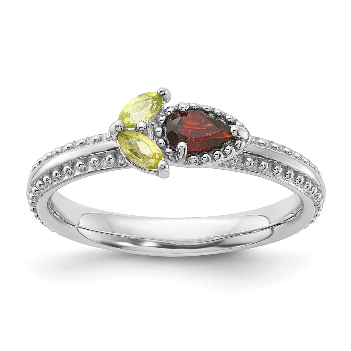 Sterling Silver Stackable Expressions Rhodium-plated Textured Garnet and Peridot Flower Ring - Sophia Jewelers