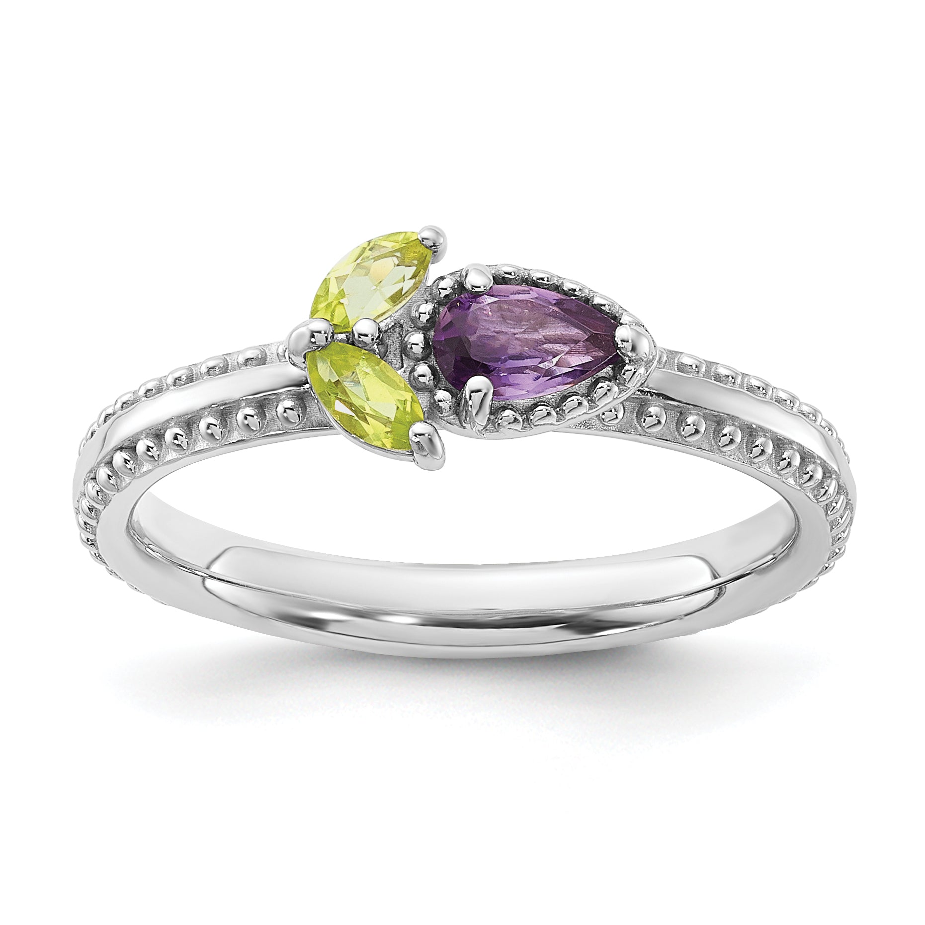 Sterling Silver Stackable Expressions Rhodium-plated Textured Amethyst and Peridot Flower Ring - Sophia Jewelers