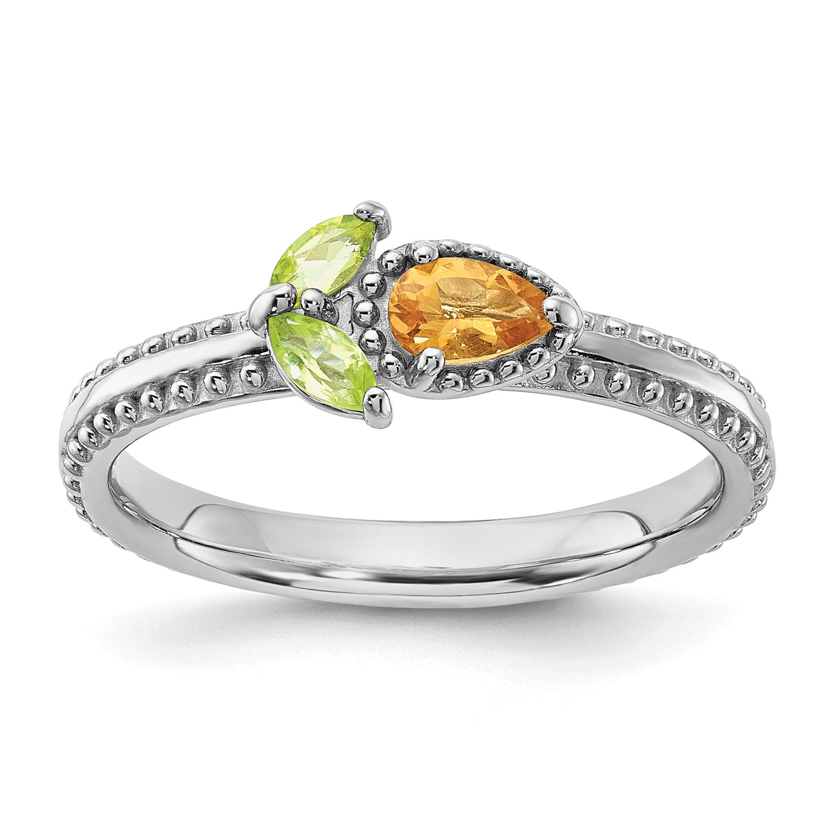 Sterling Silver Stackable Expressions Rhodium-plated Textured Citrine and Peridot Flower Ring - Sophia Jewelers