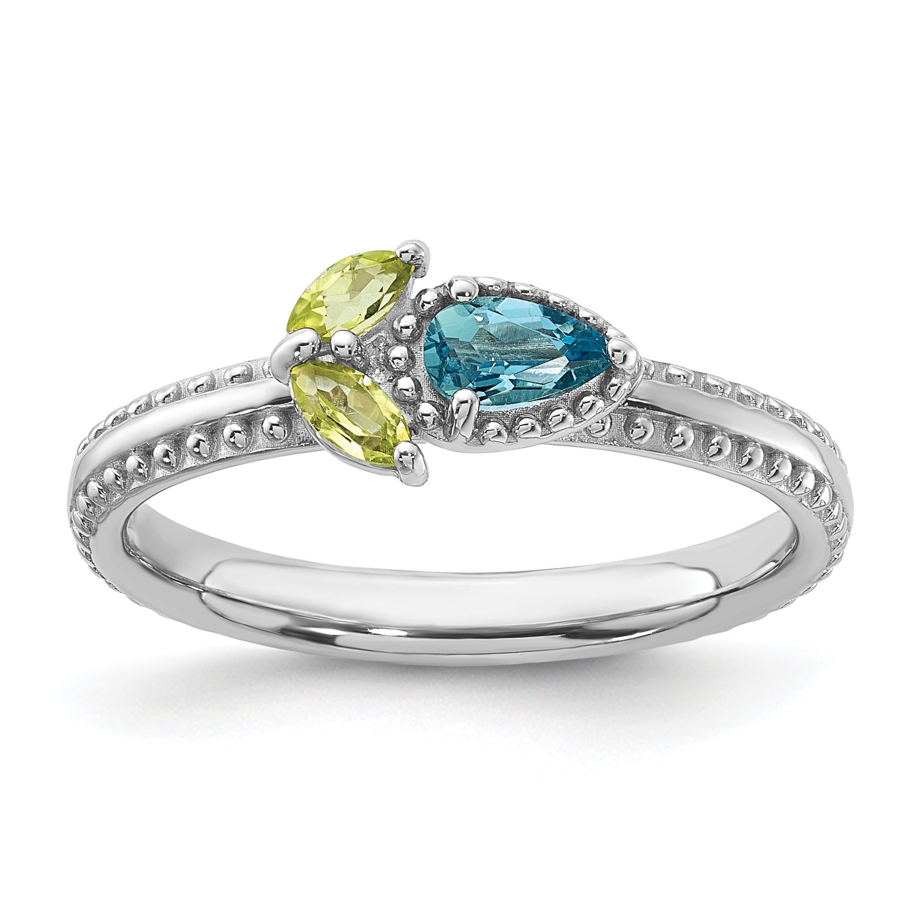 Sterling Silver Stackable Expressions Rhodium-plated Lt Swiss Blue Topaz & Peridot Flower Ring - Sophia Jewelers