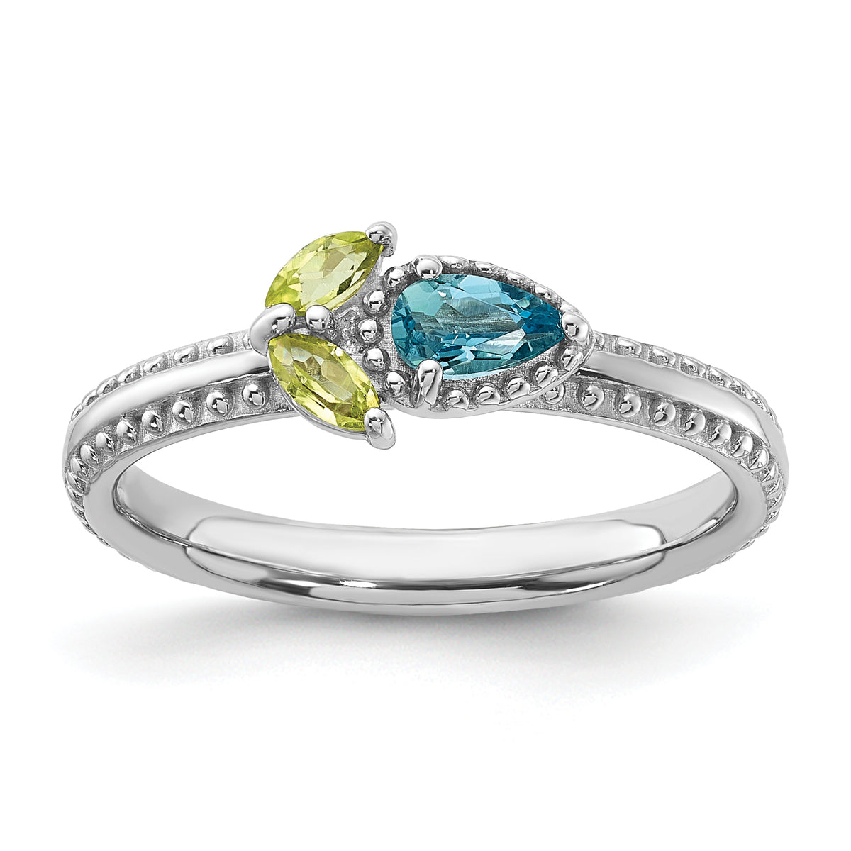 Sterling Silver Stackable Expressions Rhodium-plated Lt Swiss Blue Topaz & Peridot Flower Ring - Sophia Jewelers