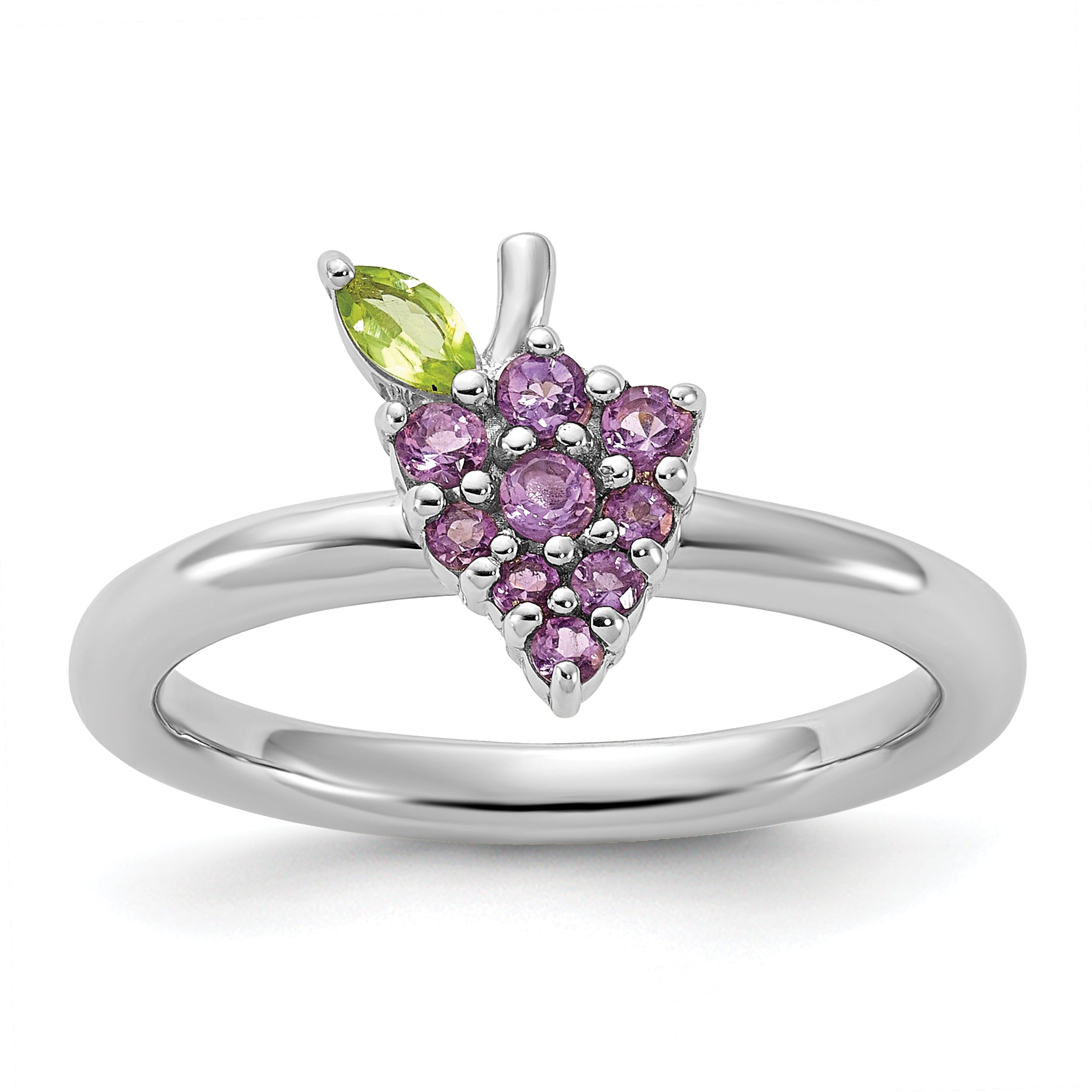 Sterling Silver Stackable Expressions Rhodium-plated Amethyst and Peridot Grapes Ring - Sophia Jewelers